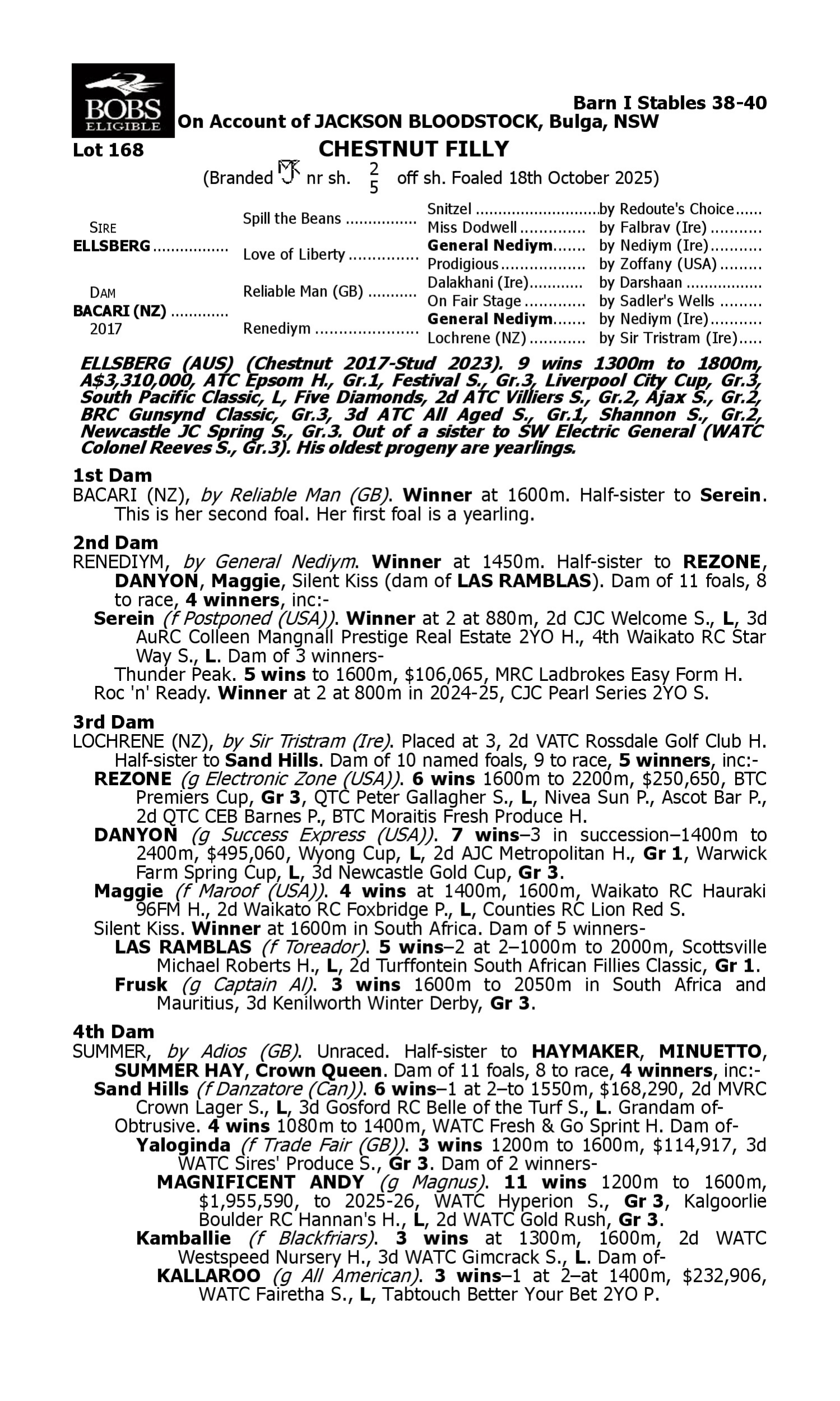 Pedigree for Lot 168 Ellsberg - Bacari (NZ)