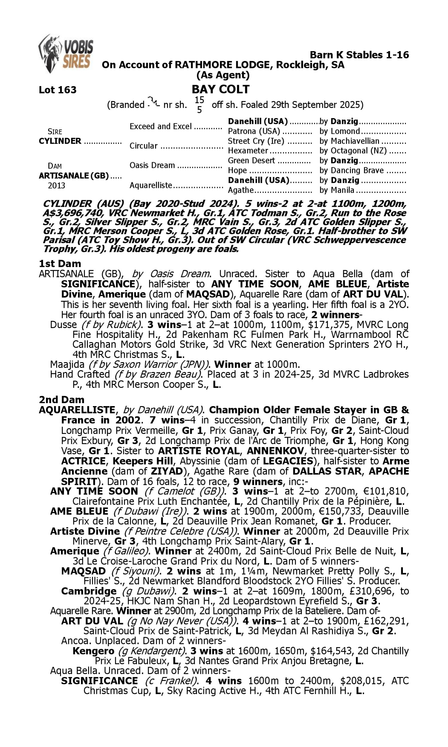Pedigree for Lot 163 Cylinder - Artisanale (GB)