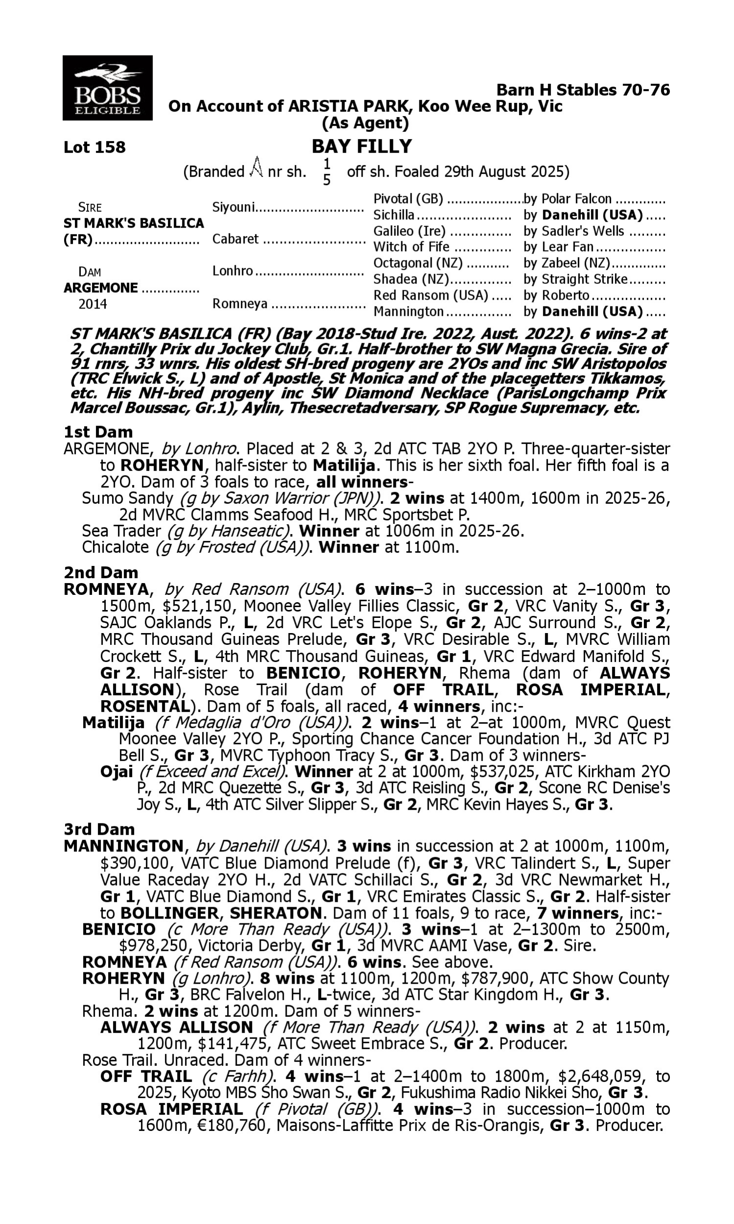 Pedigree for Lot 158 St Mark's Basilica (FR) - Argemone