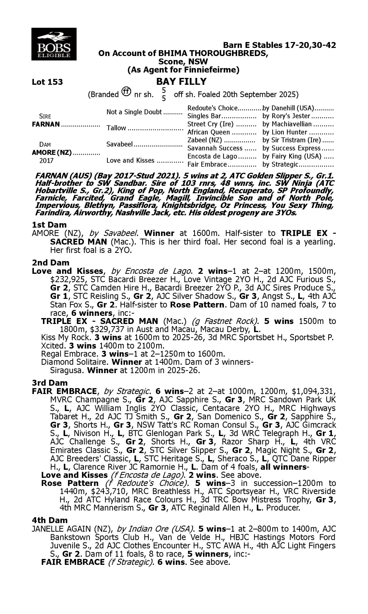 Pedigree for Lot 153 Farnan - Amore (NZ)