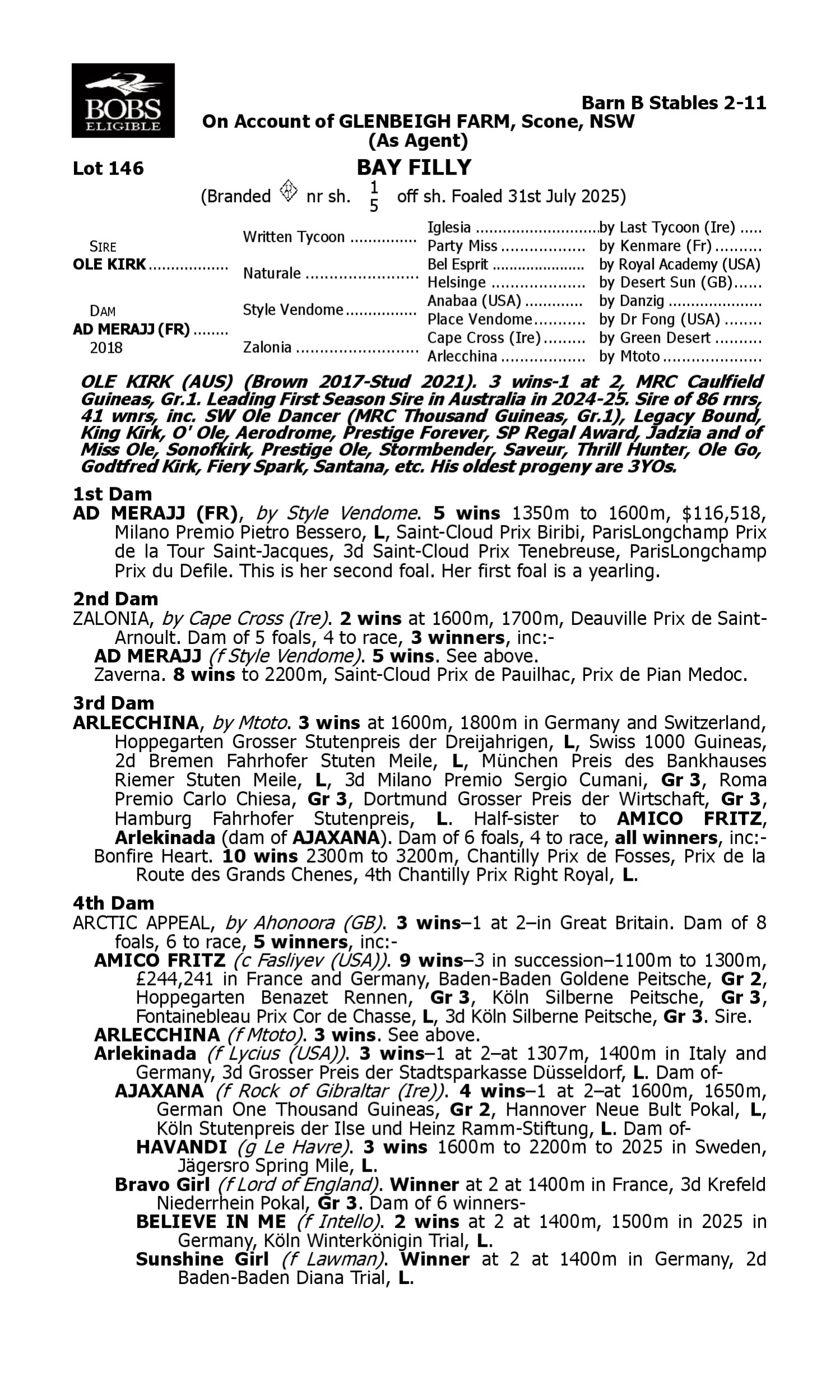 Pedigree for Lot 146 Ole Kirk - Ad Merajj (FR)