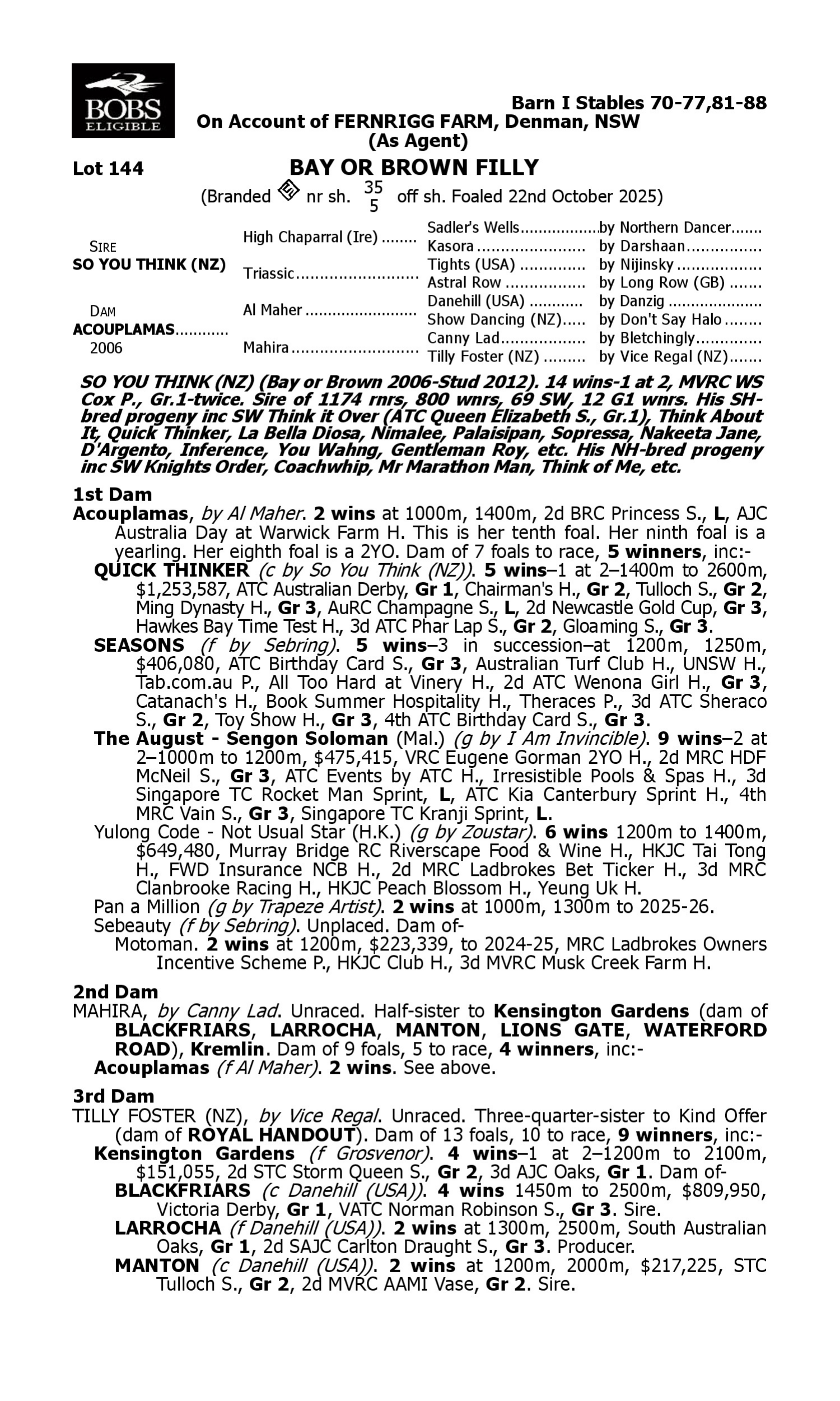 Pedigree for Lot 144 So You Think (NZ) - Acouplamas