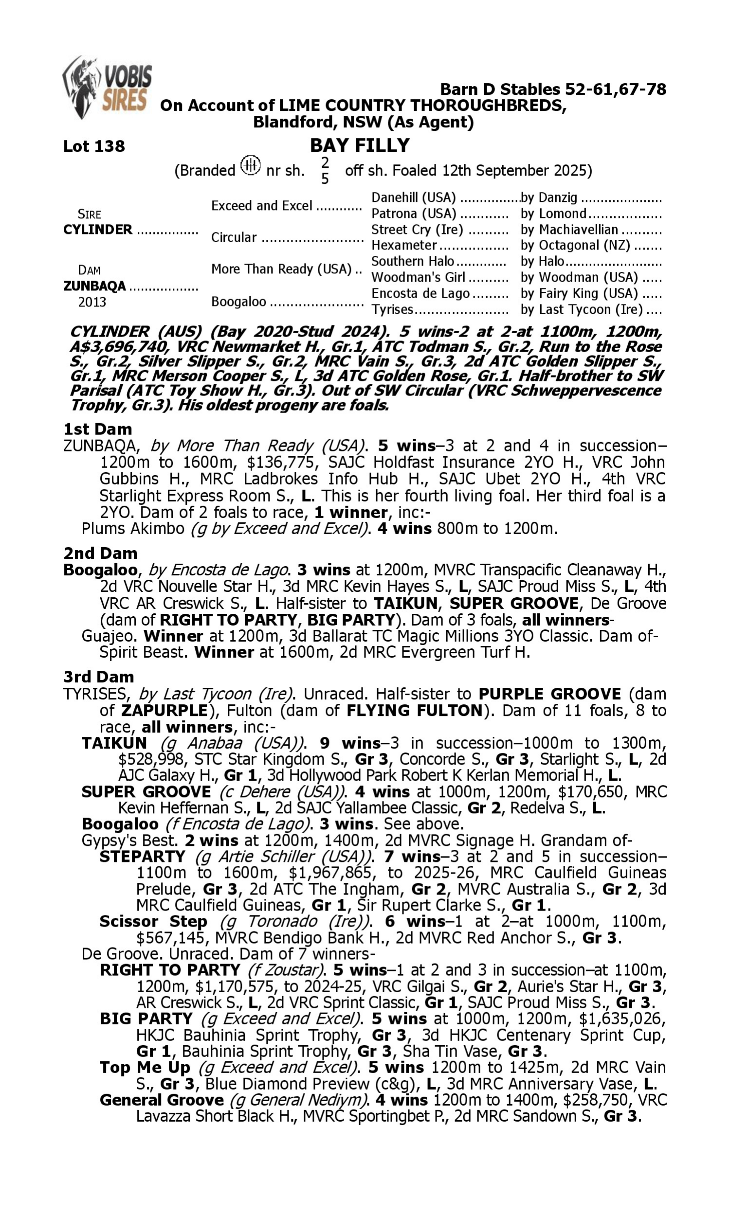 Pedigree for Lot 138 Cylinder - Zunbaqa