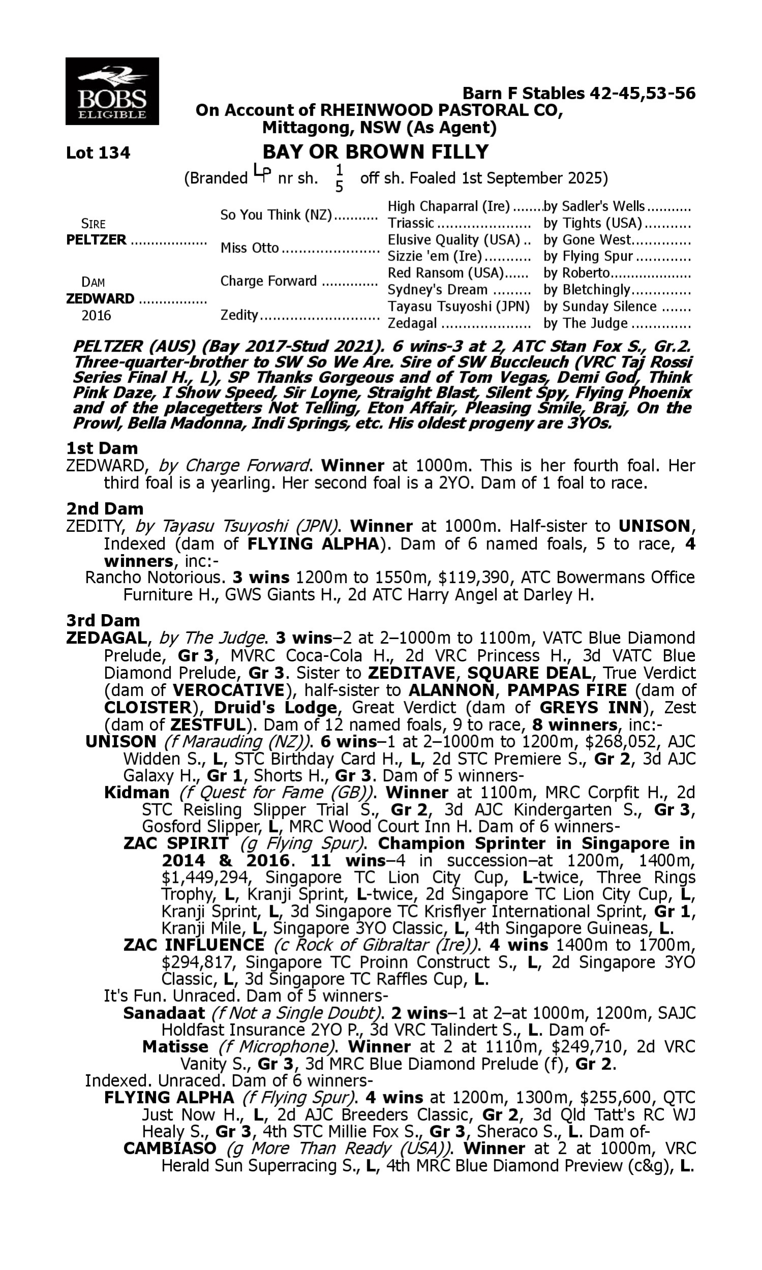 Pedigree for Lot 134 Peltzer - Zedward