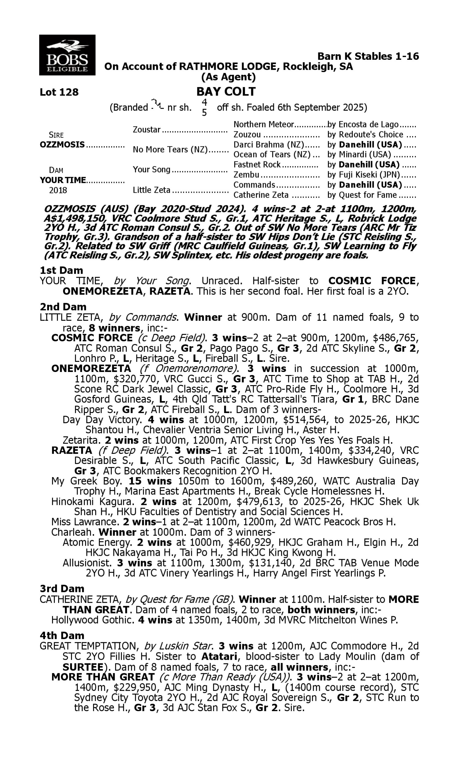 Pedigree for Lot 128 Ozzmosis - Your Time