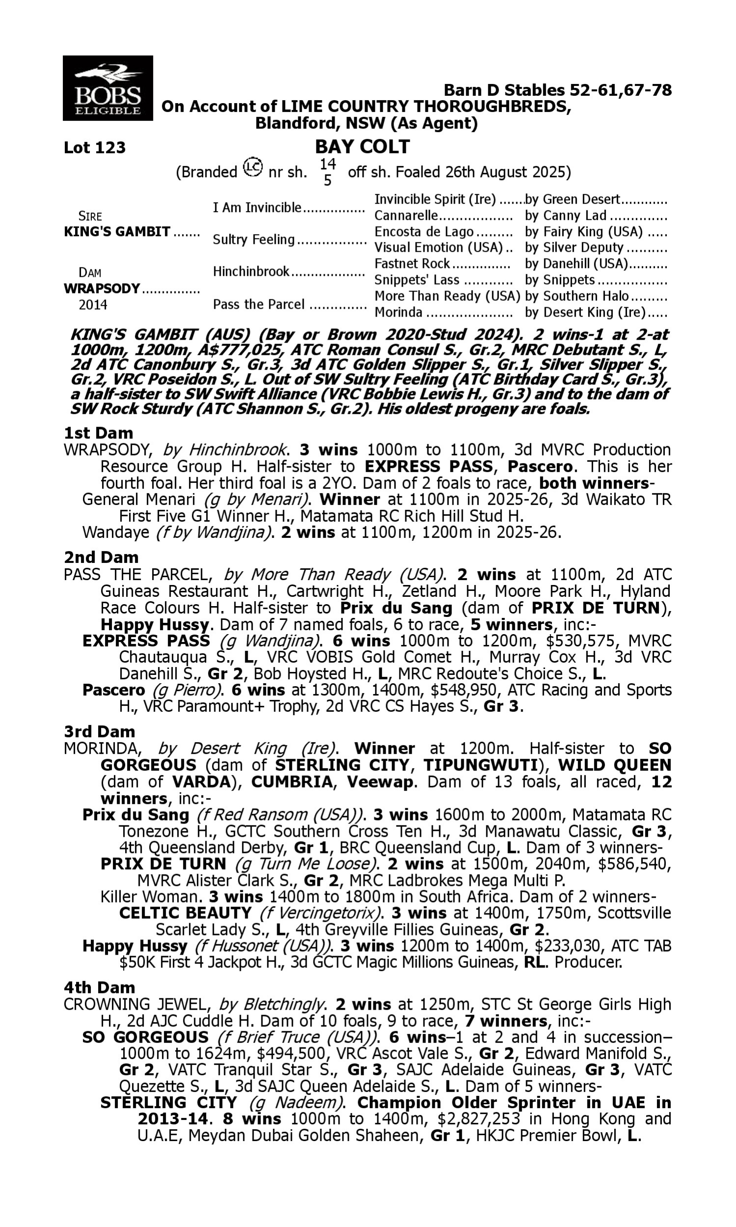 Pedigree for Lot 123 King's Gambit - Wrapsody