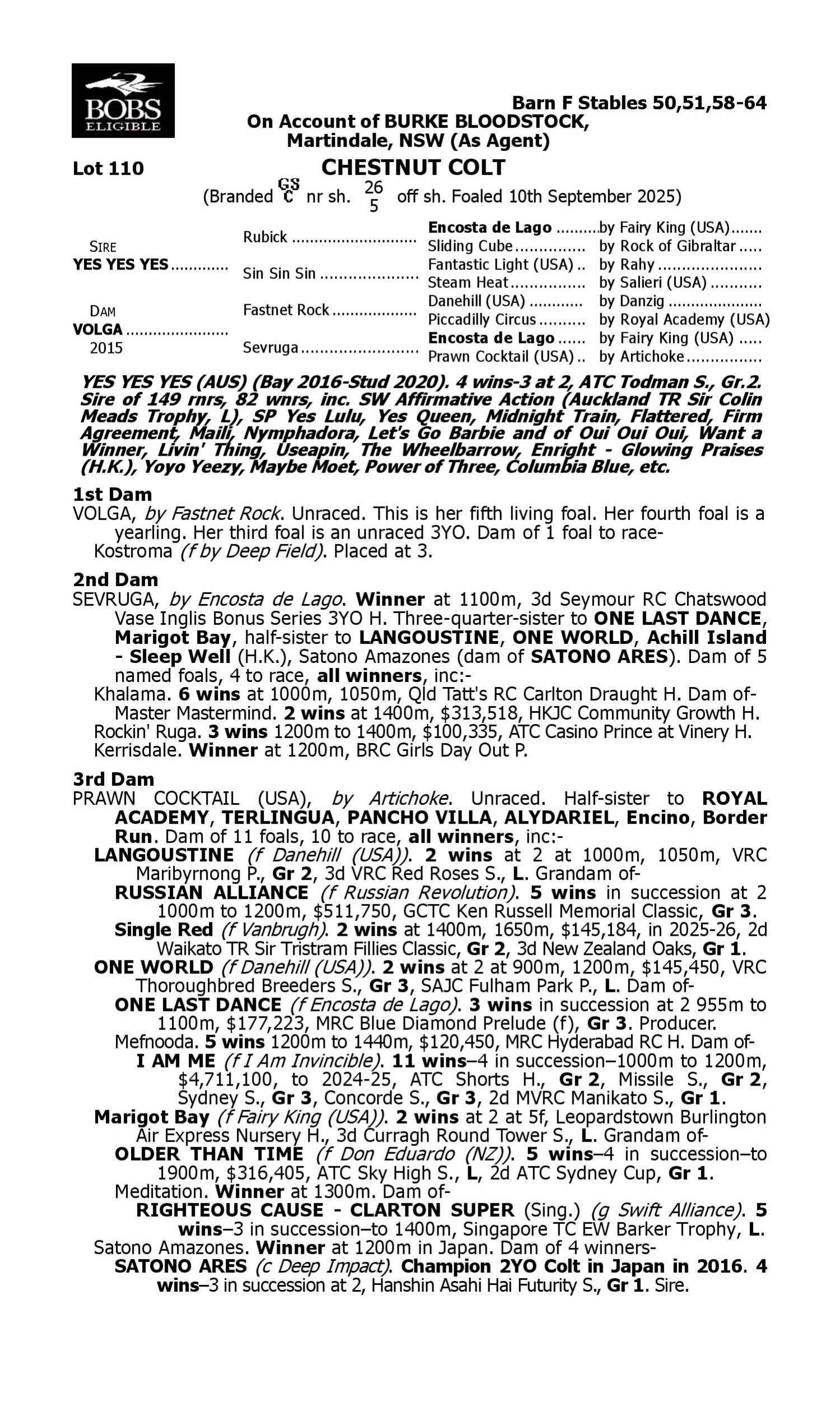 Pedigree for Lot 110 Yes Yes Yes - Volga