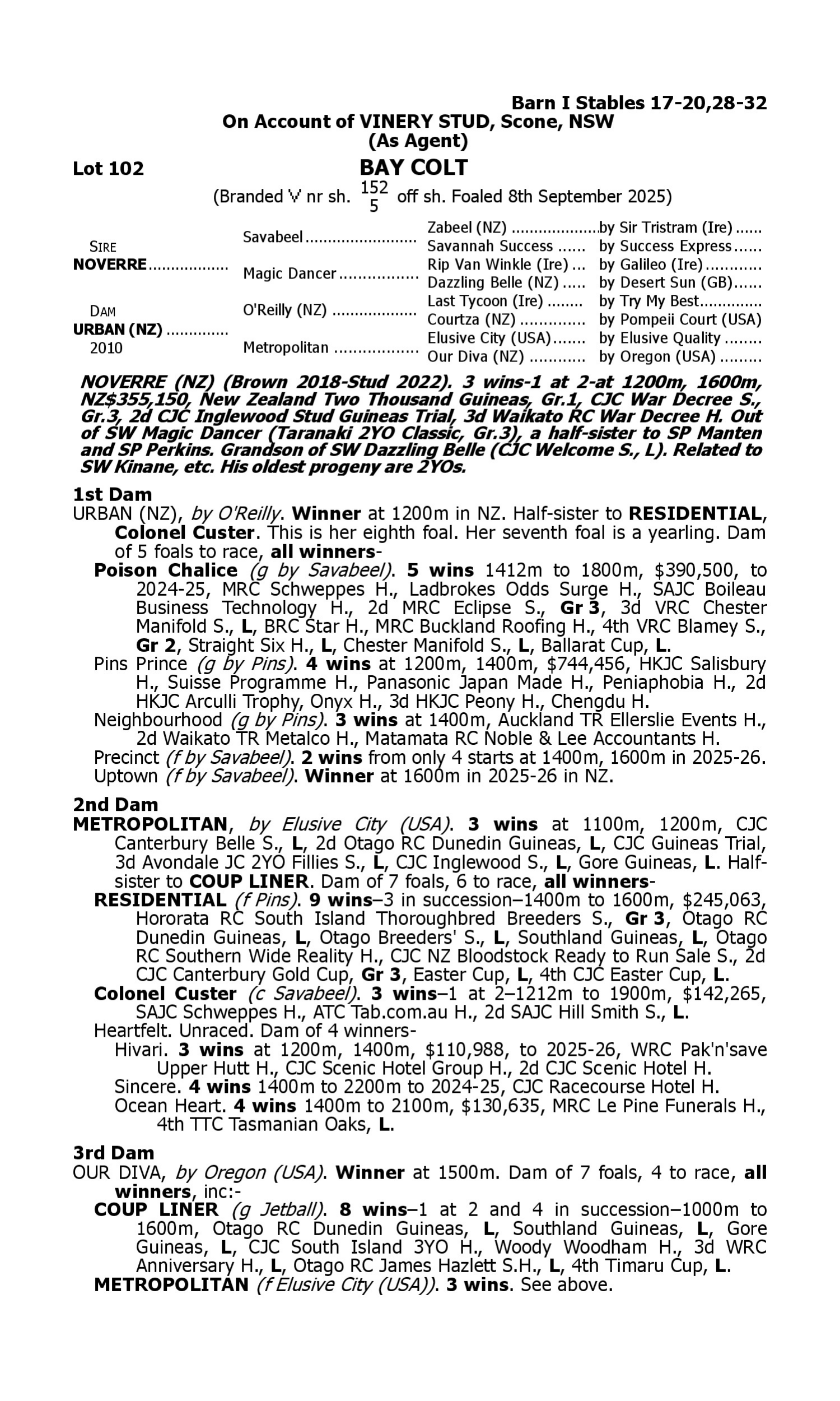 Pedigree for Lot 102 Noverre (NZ) - Urban (NZ)