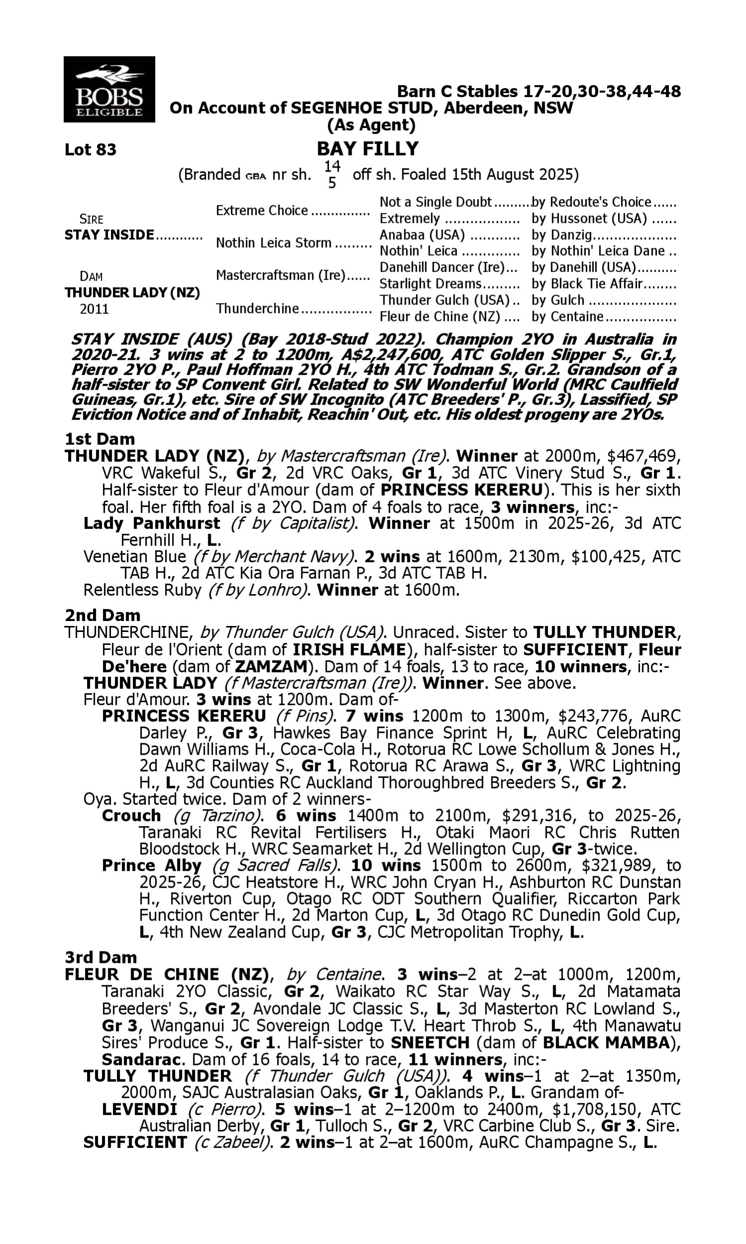 Pedigree for Lot 83 Stay Inside - Thunder Lady (NZ)