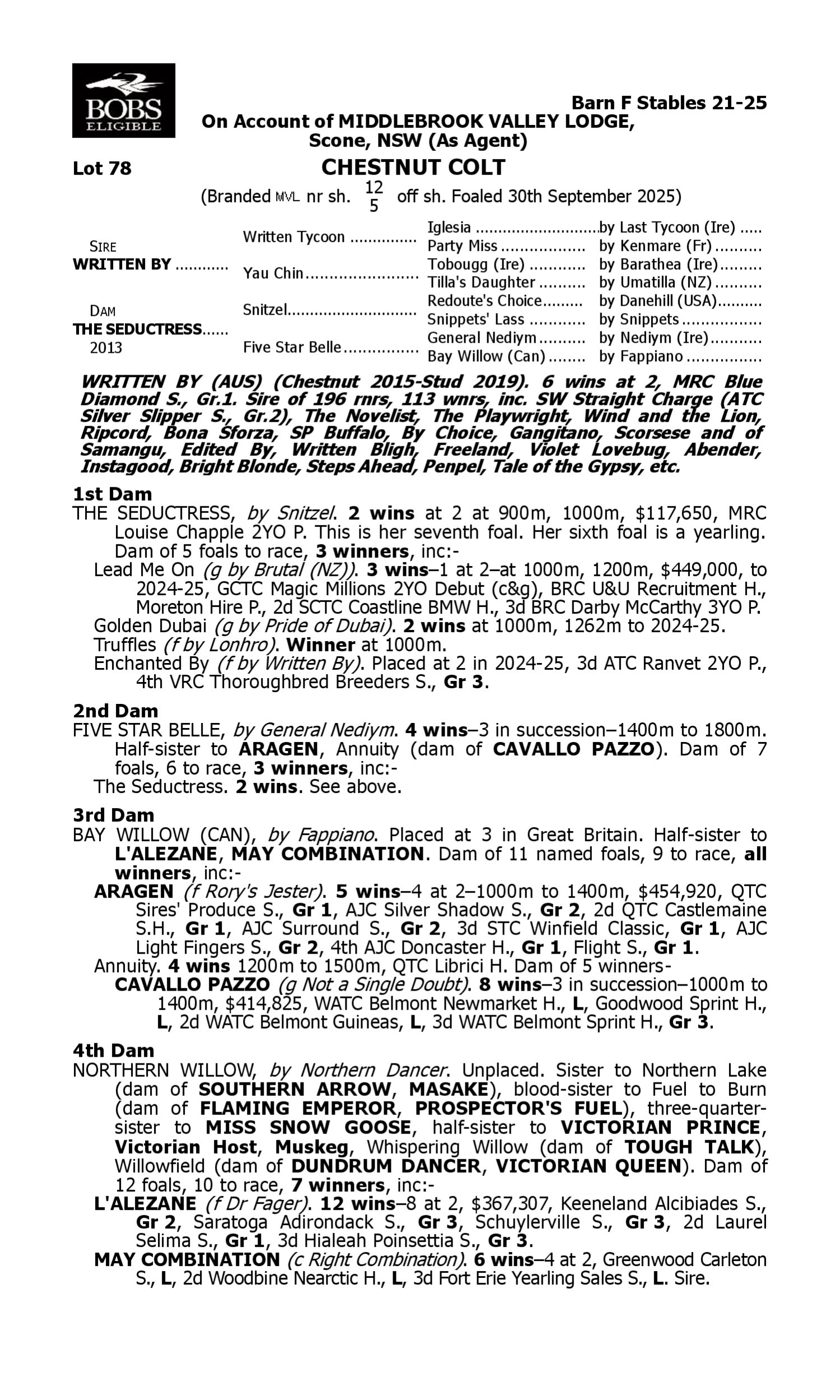 Pedigree for Lot 78 Written By - The Seductress