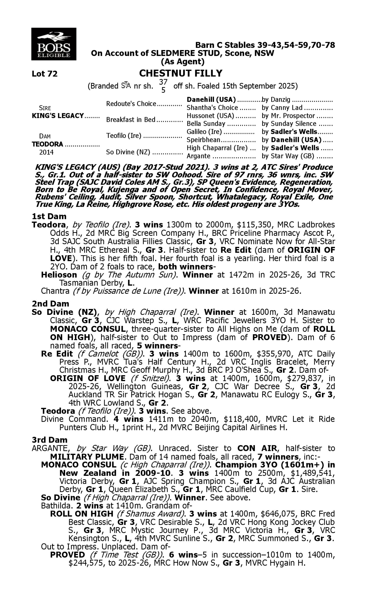 Pedigree for Lot 72 King's Legacy - Teodora