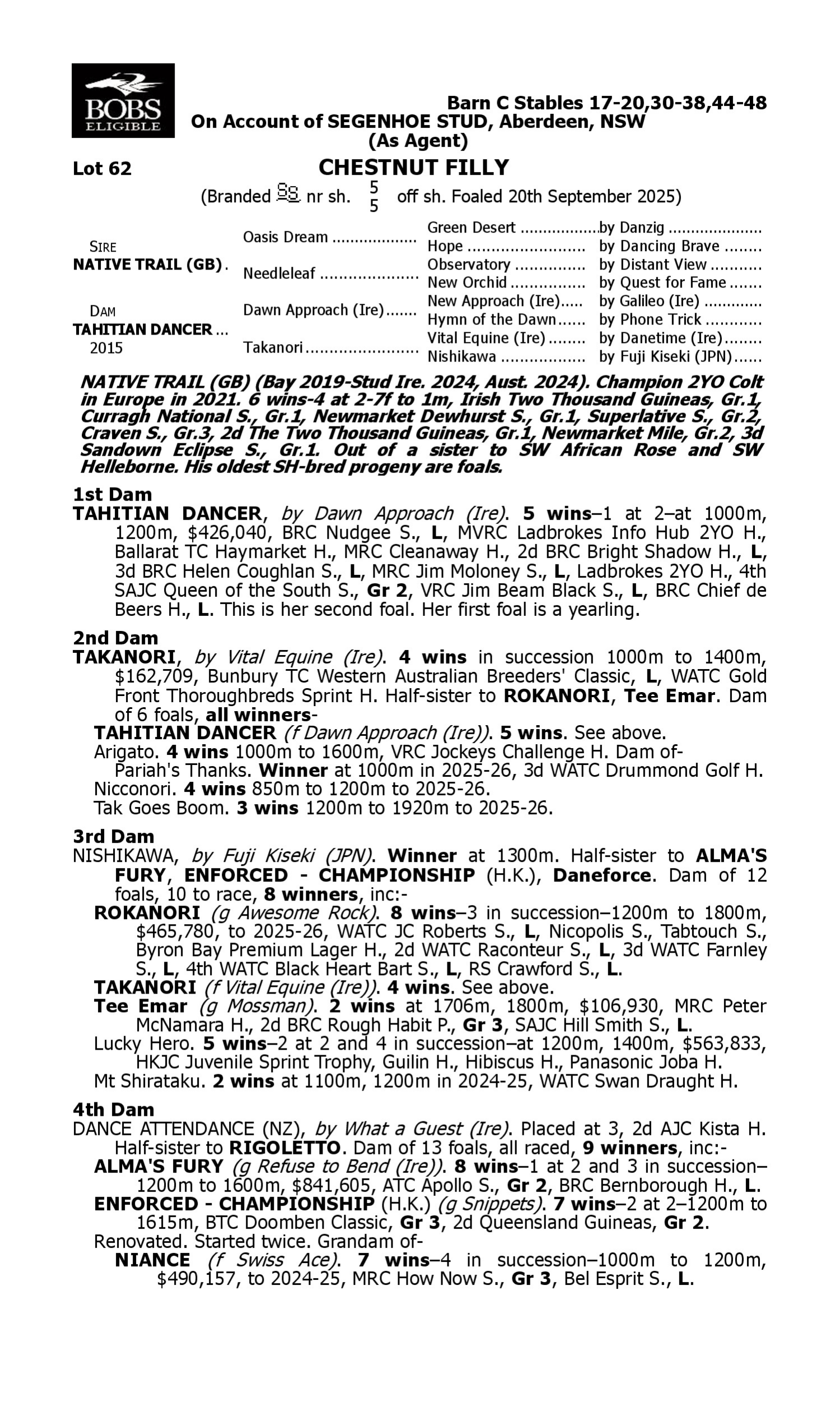 Pedigree for Lot 62 Native Trail (GB) - Tahitian Dancer