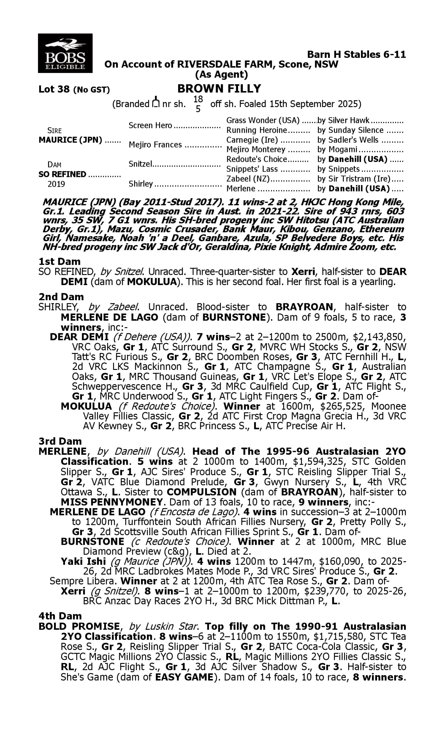 Pedigree for Lot 38 Maurice (JPN) - So Refined