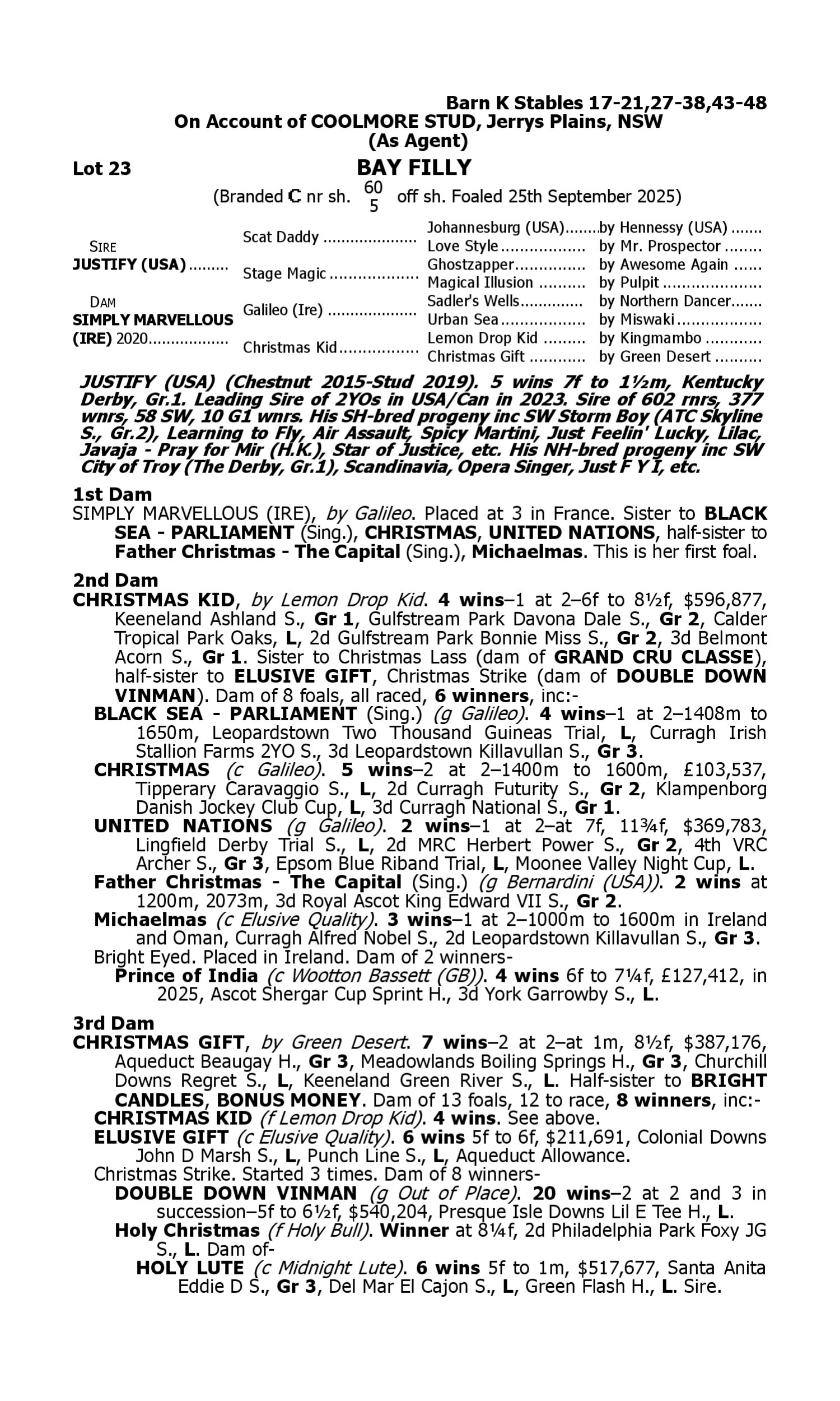 Pedigree for Lot 23 Justify (USA) - Simply Marvellous (IRE)