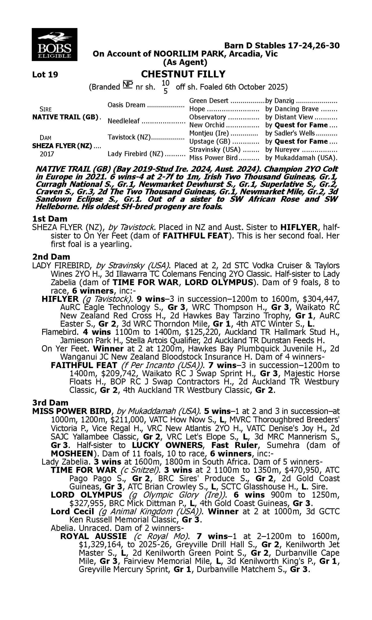 Pedigree for Lot 19 Native Trail (GB) - Sheza Flyer (NZ)