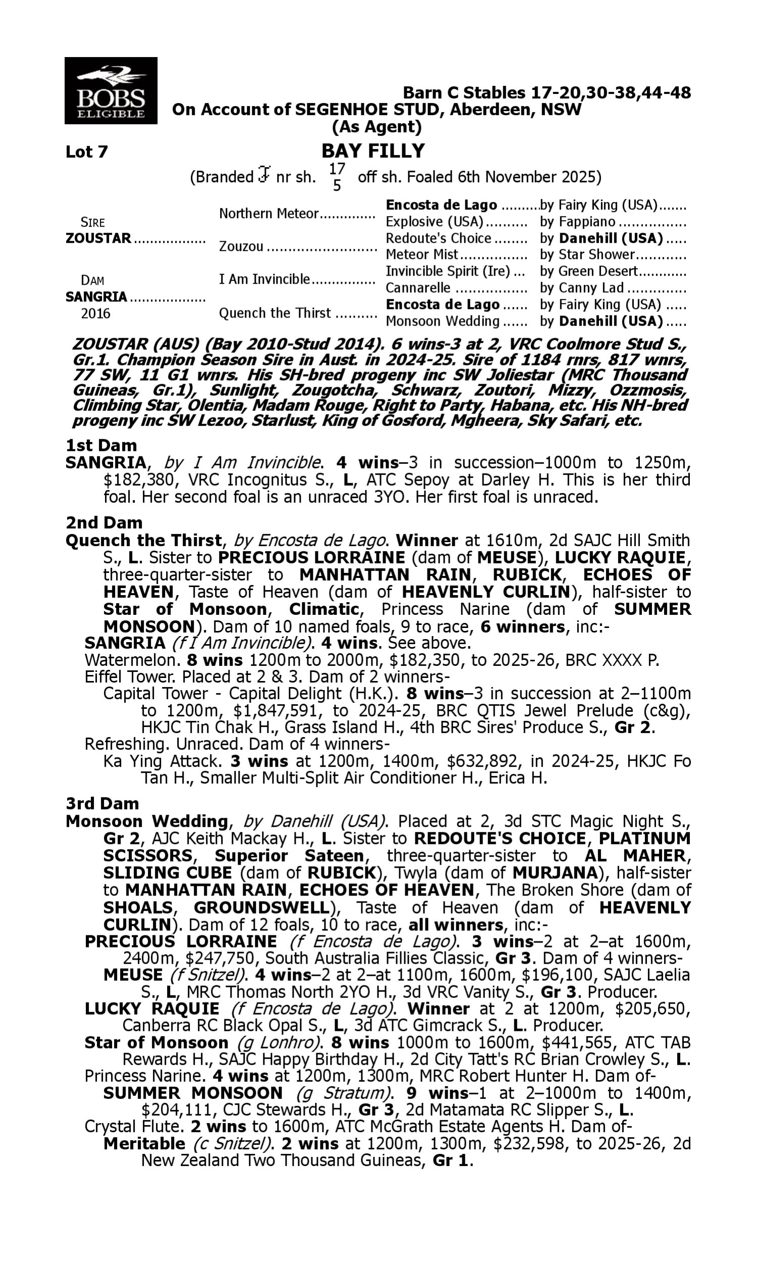 Pedigree for Lot 7 Zoustar - Sangria