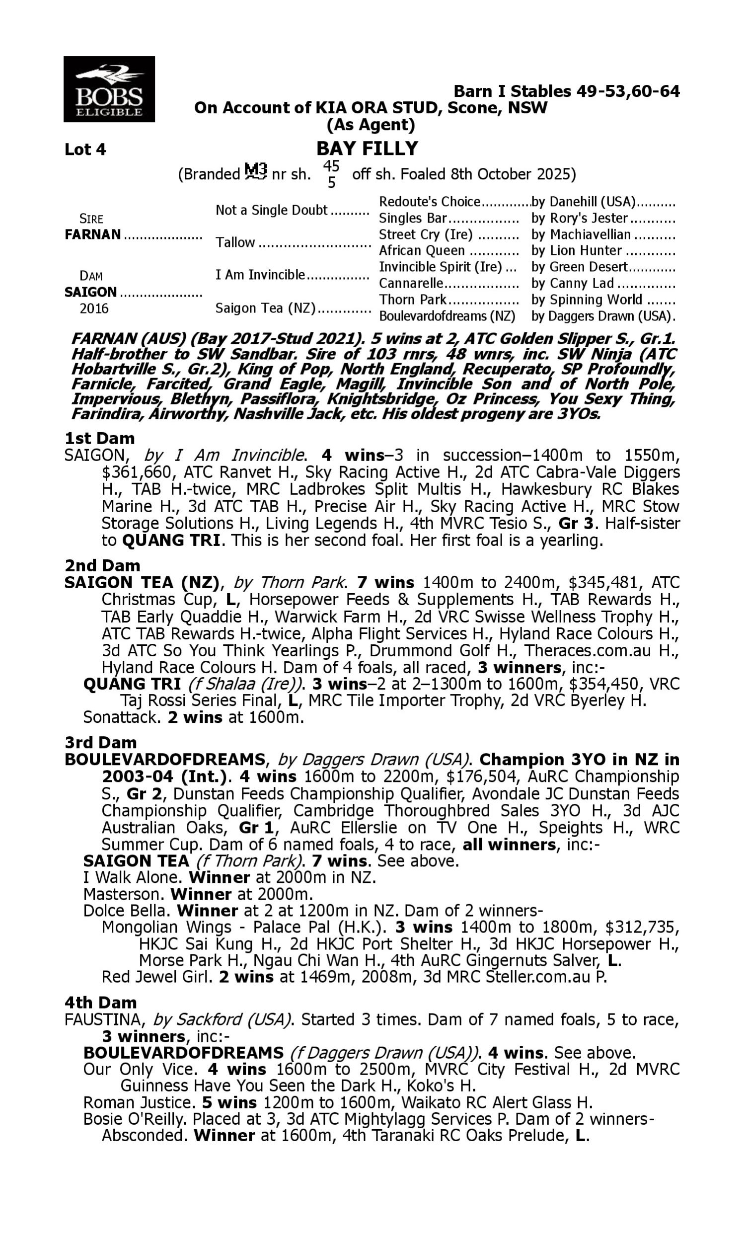 Pedigree for Lot 4 Farnan - Saigon