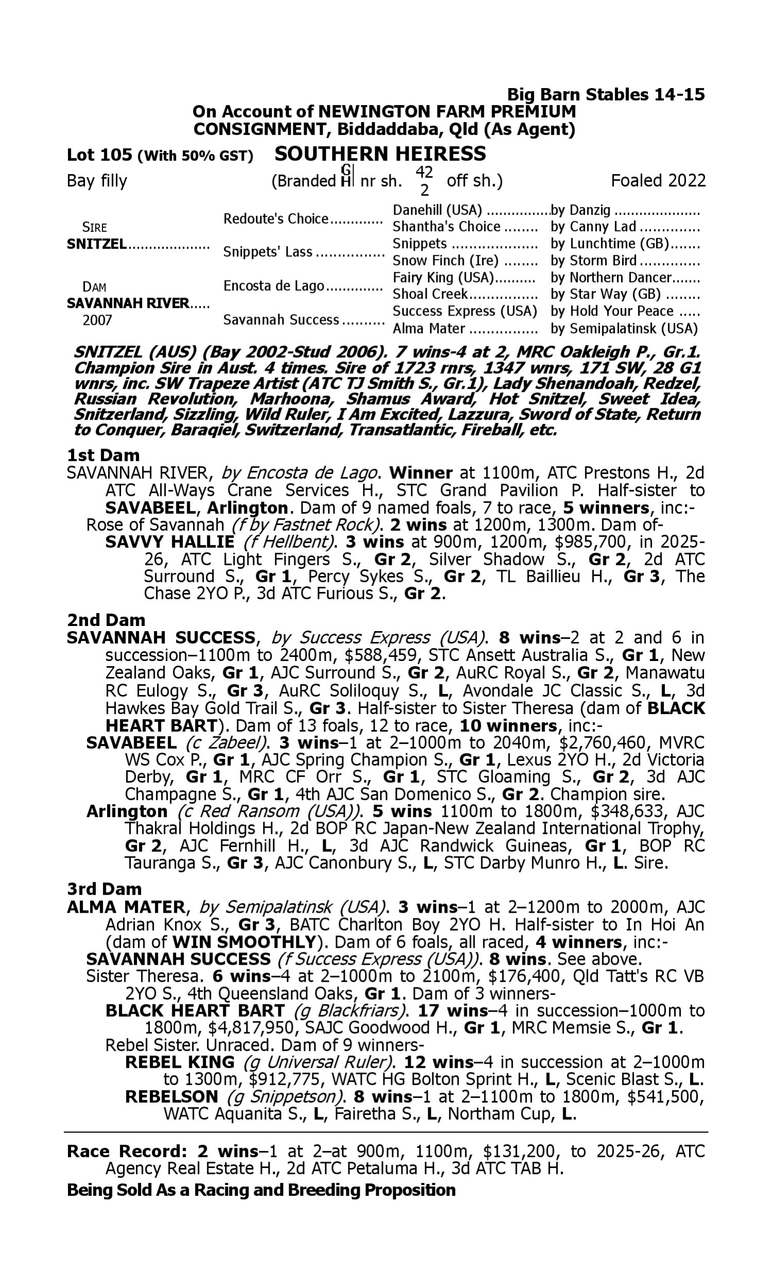 Pedigree for Lot 105 Snitzel - Savannah River