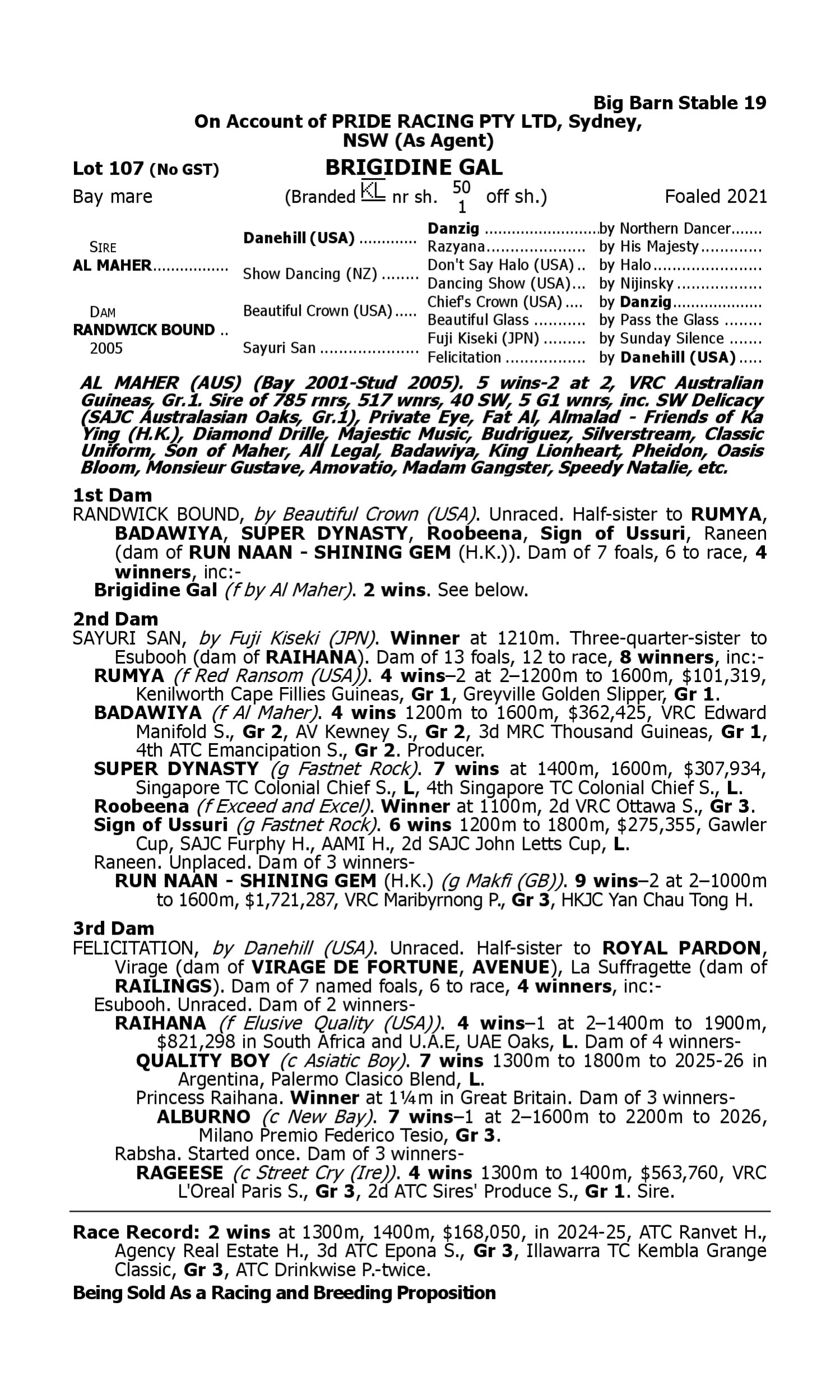 Pedigree for Lot 107 Al Maher - Randwick Bound
