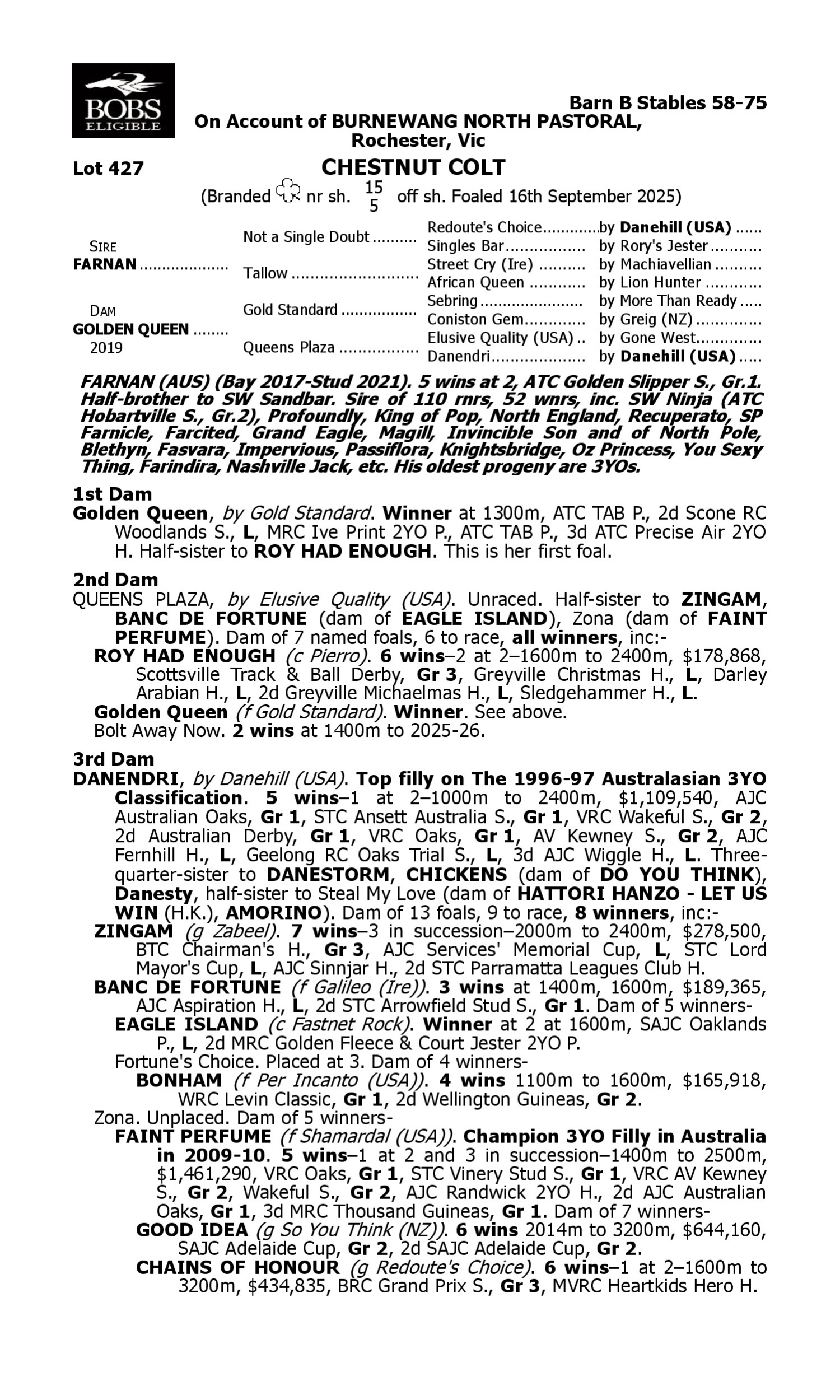 Pedigree for Lot 427 Farnan - Golden Queen