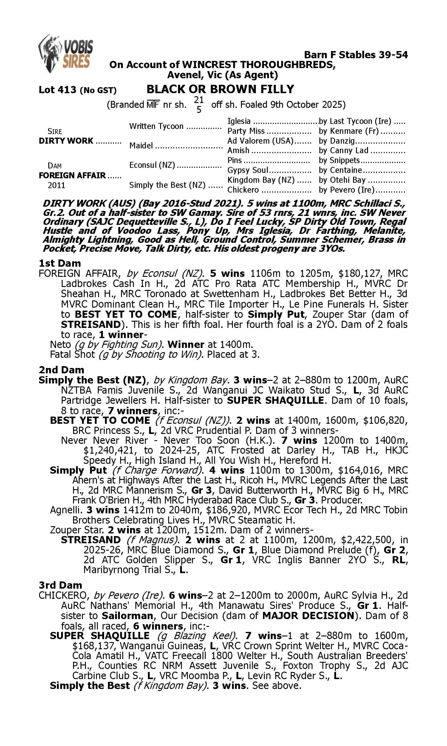 Pedigree for Lot 413 Dirty Work - Foreign Affair