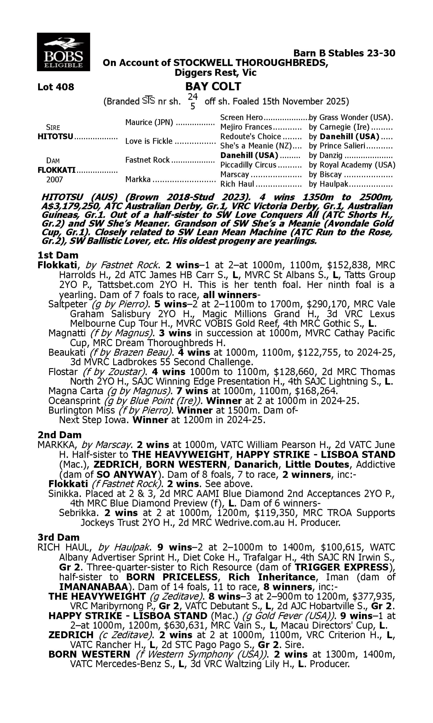 Pedigree for Lot 408 Hitotsu - Flokkati