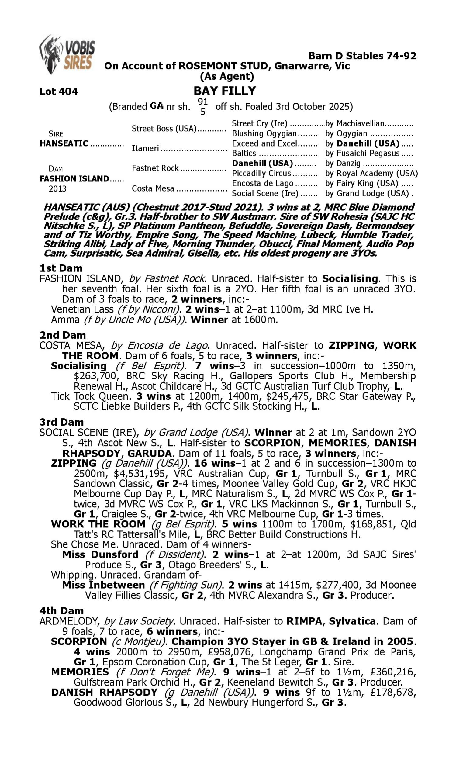 Pedigree for Lot 404 Hanseatic - Fashion Island
