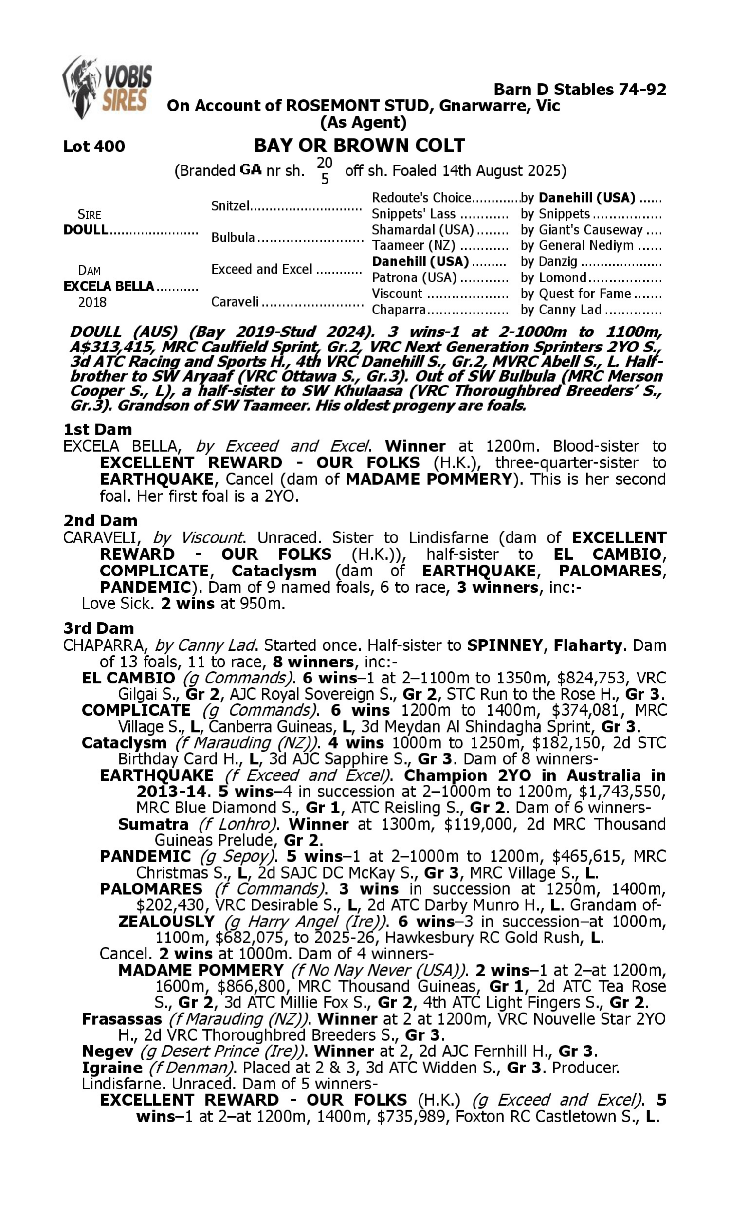 Pedigree for Lot 400 Doull - Excela Bella