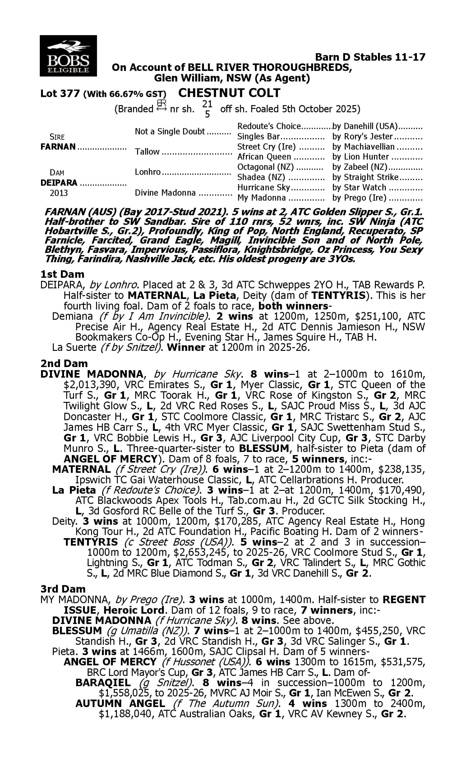 Pedigree for Lot 377 Farnan - Deipara