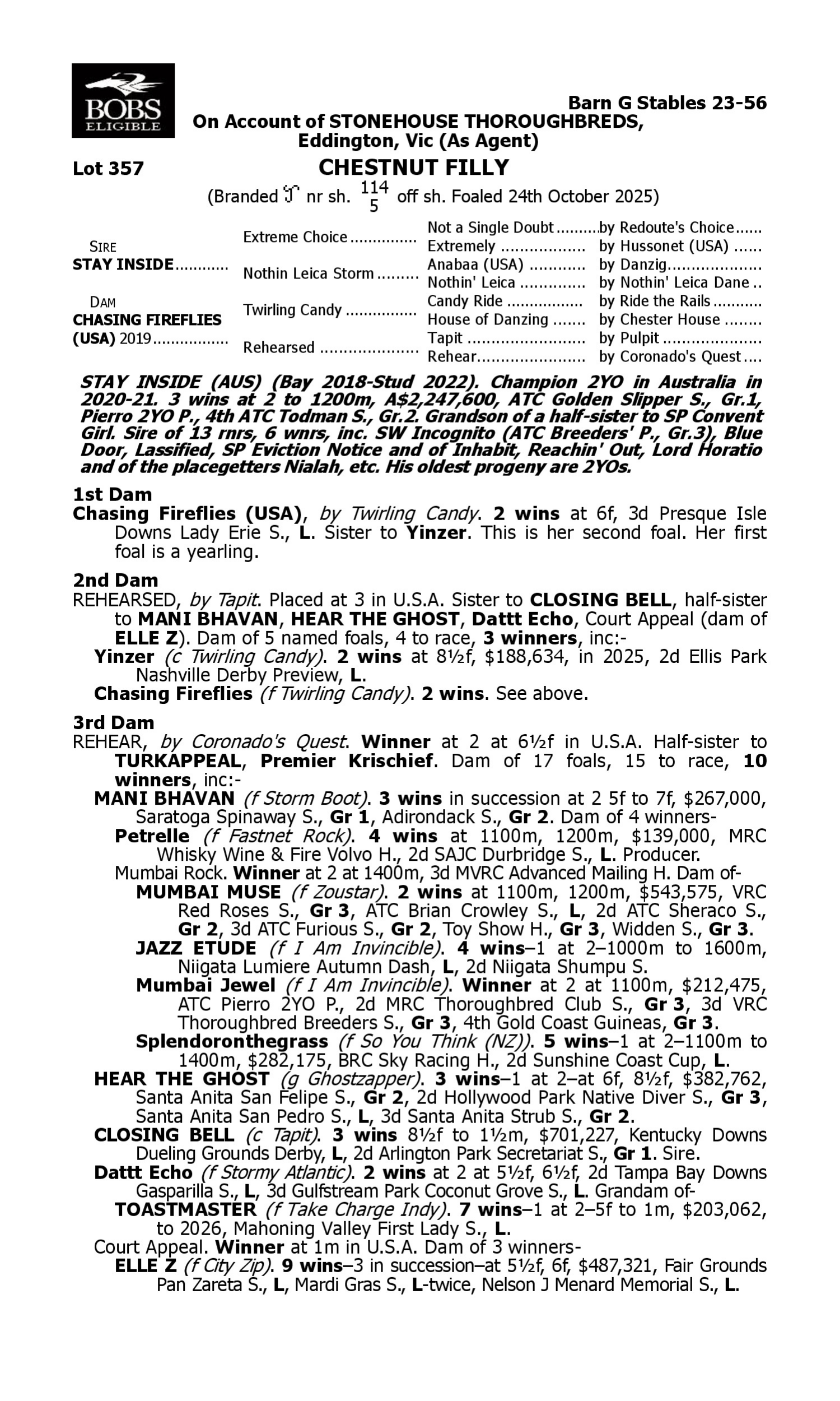 Pedigree for Lot 357 Stay Inside - Chasing Fireflies (USA)