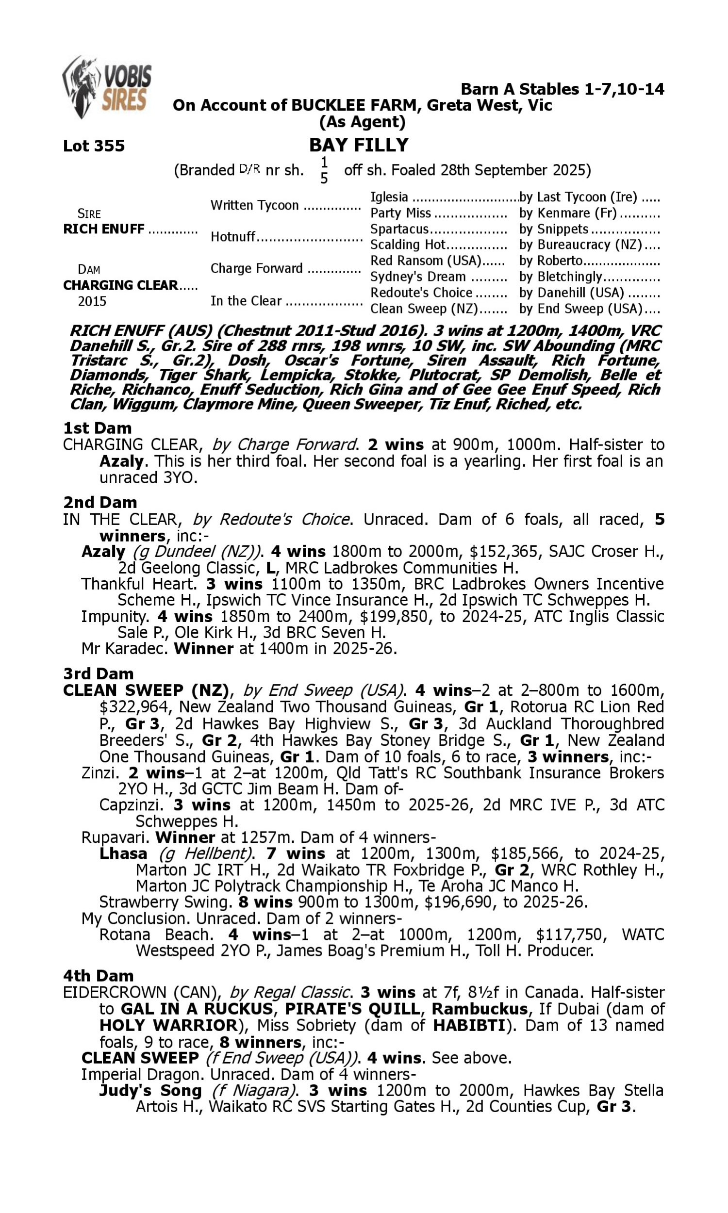 Pedigree for Lot 355 Rich Enuff - Charging Clear