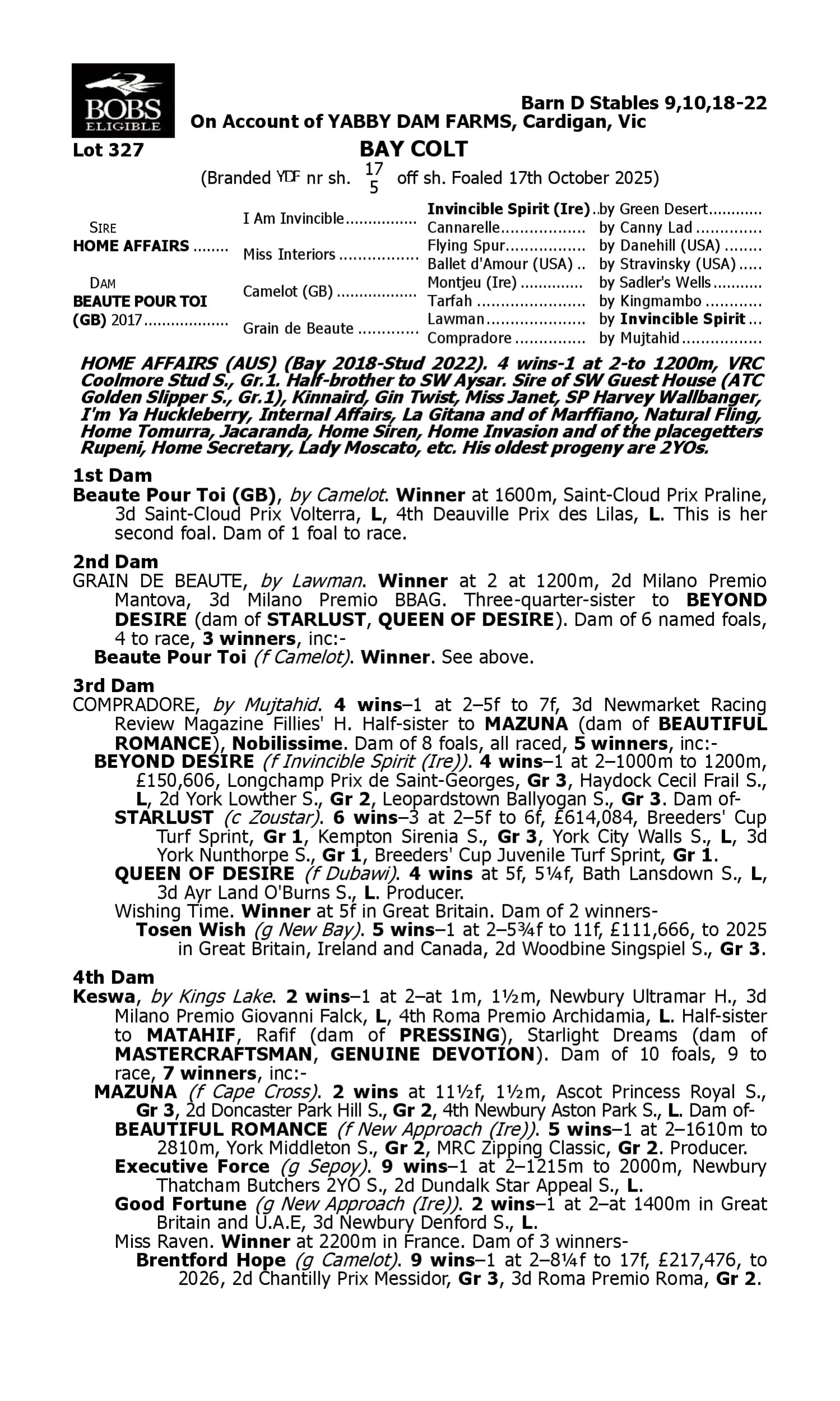 Pedigree for Lot 327 Home Affairs - Beaute Pour Toi (GB)