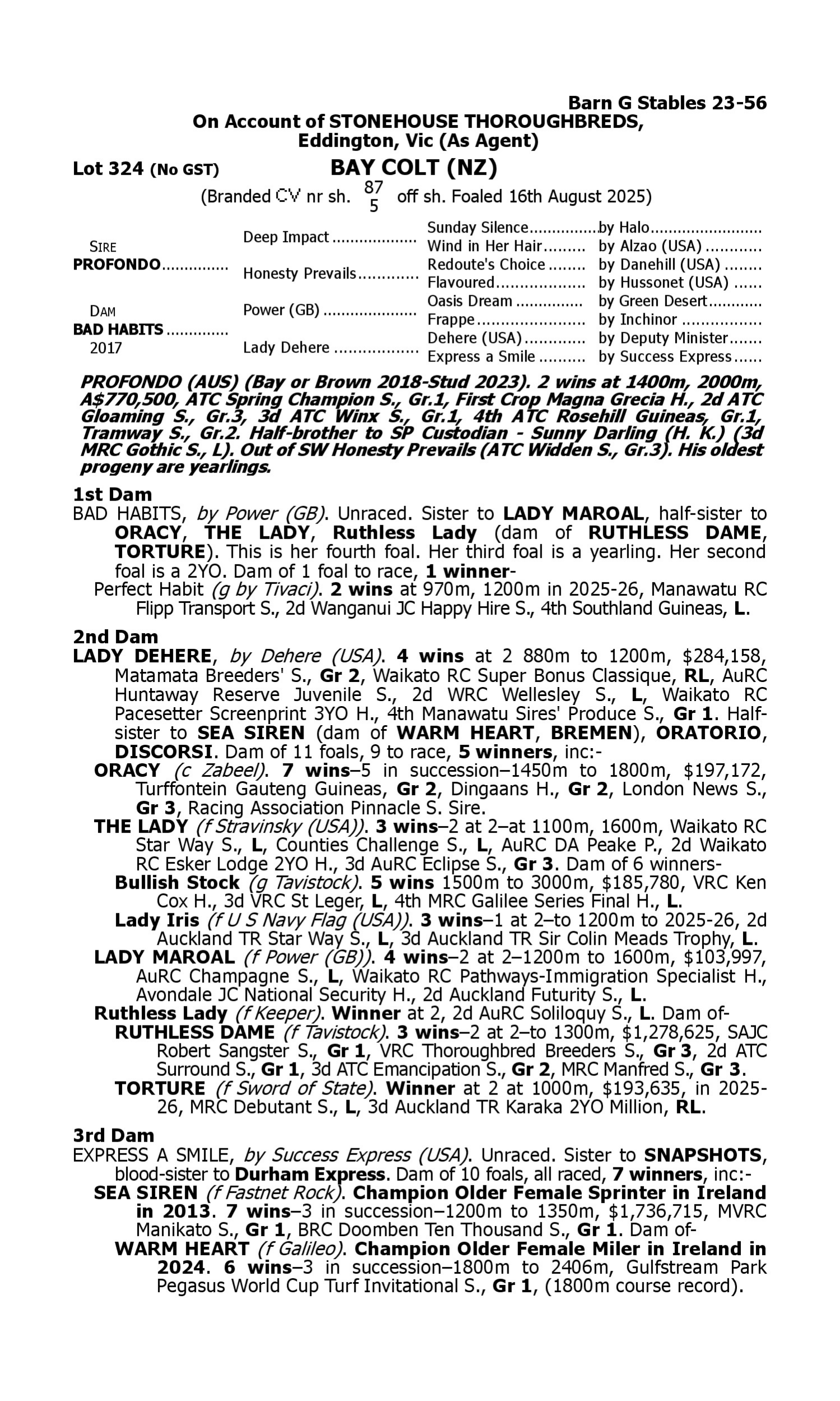 Pedigree for Lot 324 Profondo - Bad Habits (NZ)