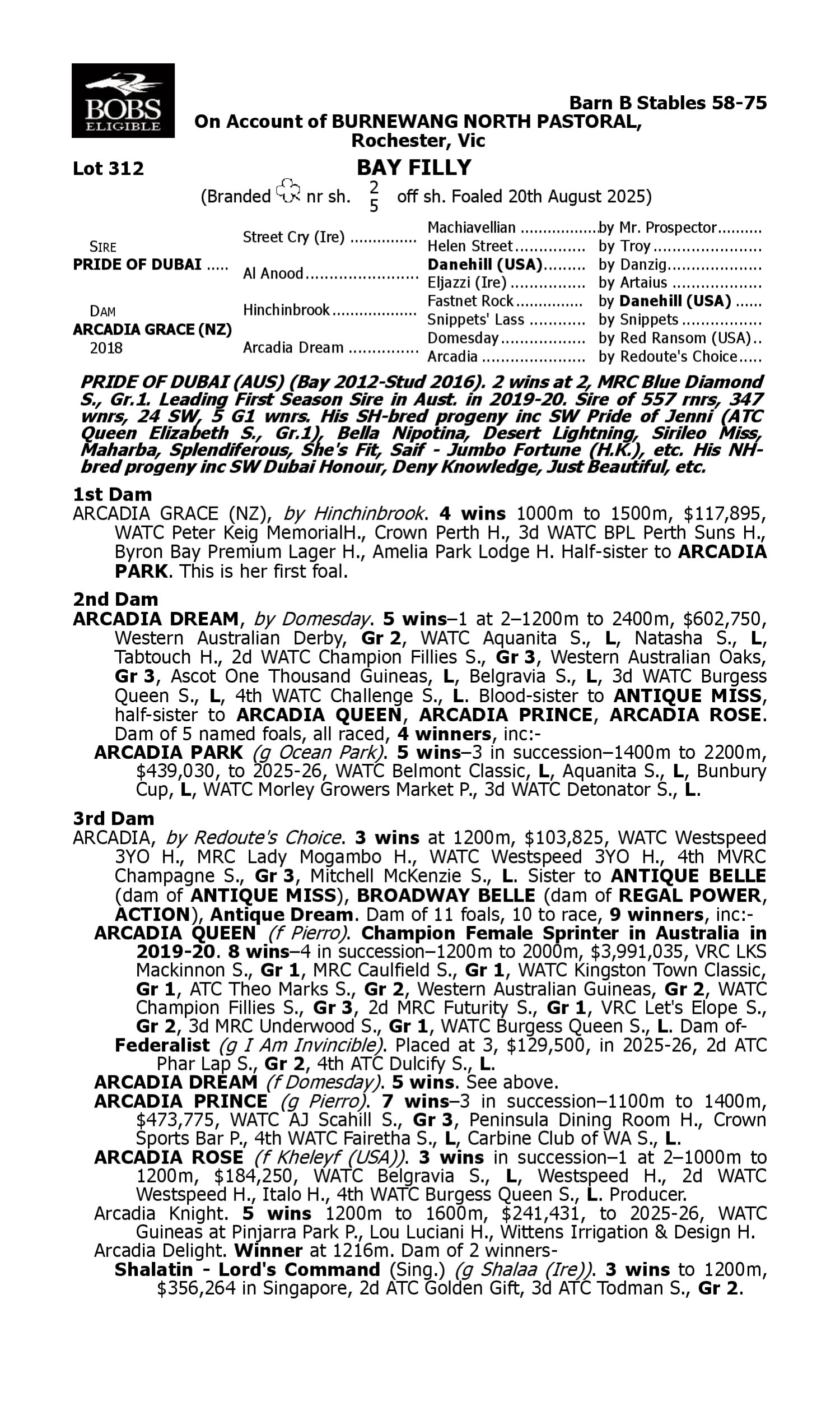 Pedigree for Lot 312 Pride of Dubai - Arcadia Grace (NZ)