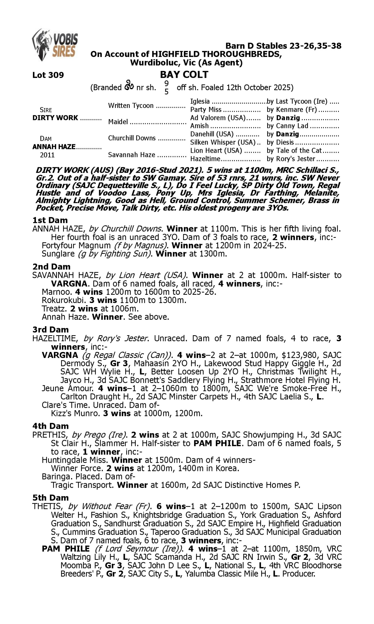 Pedigree for Lot 309 Dirty Work - Annah Haze