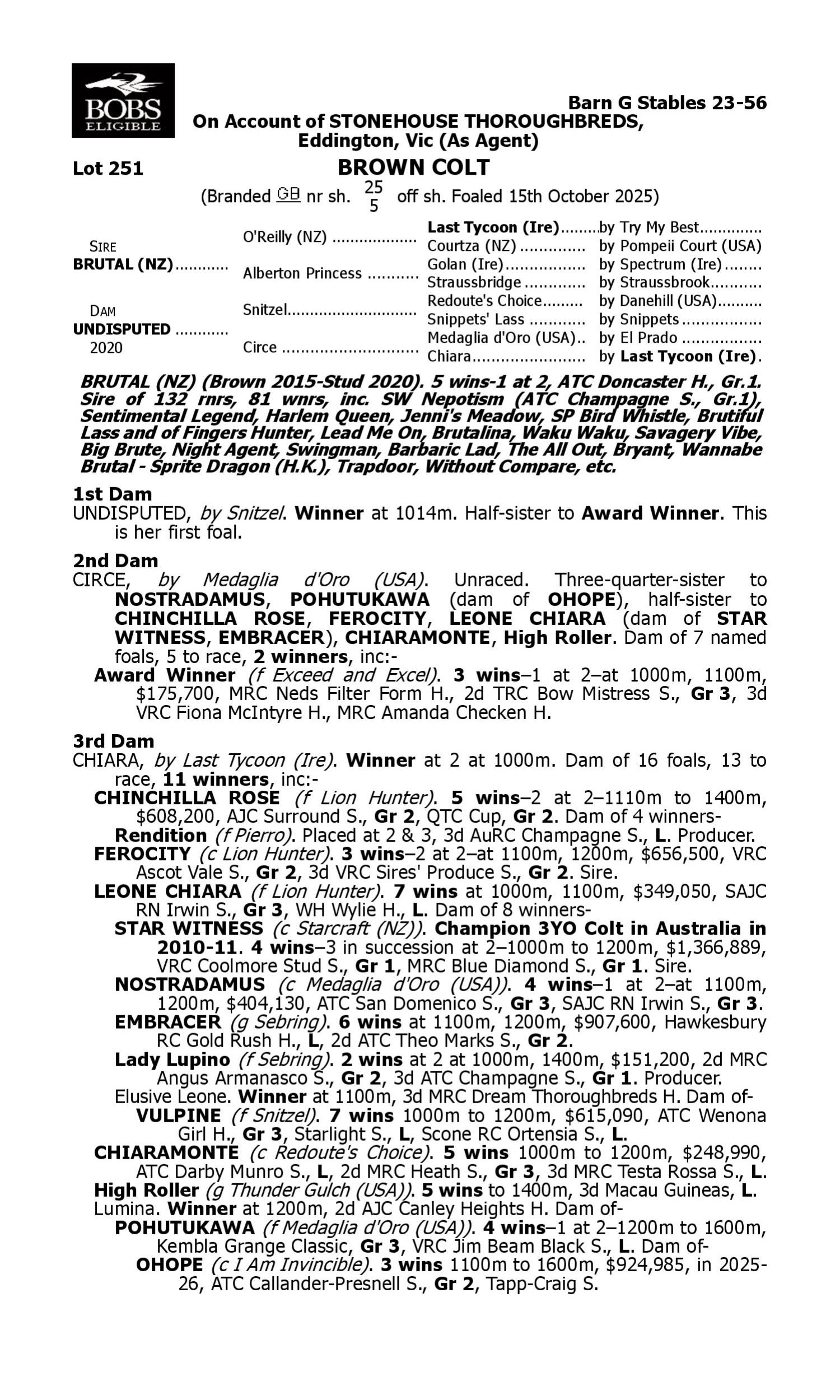 Pedigree for Lot 251 Brutal (NZ) - Undisputed