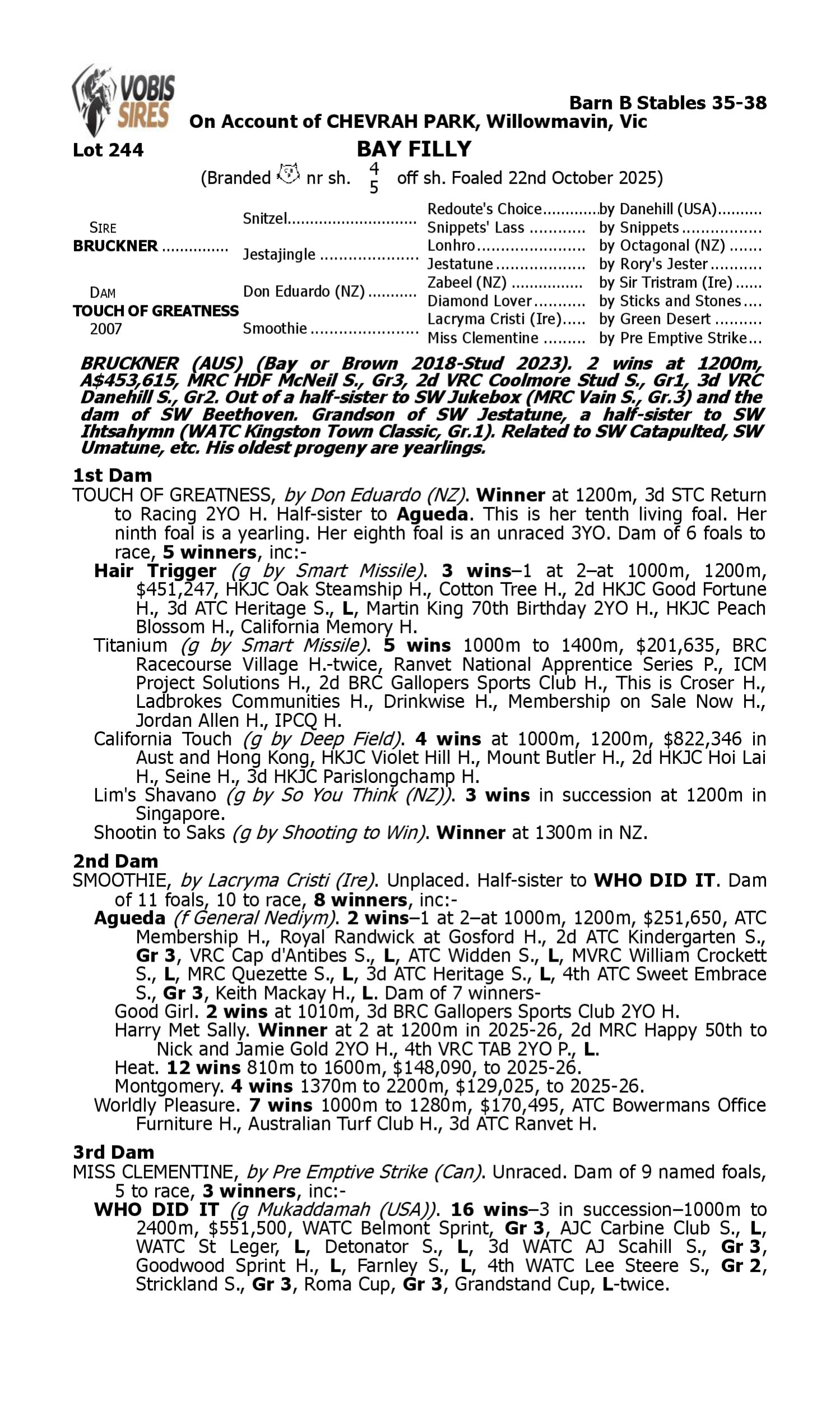 Pedigree for Lot 244 Bruckner - Touch of Greatness