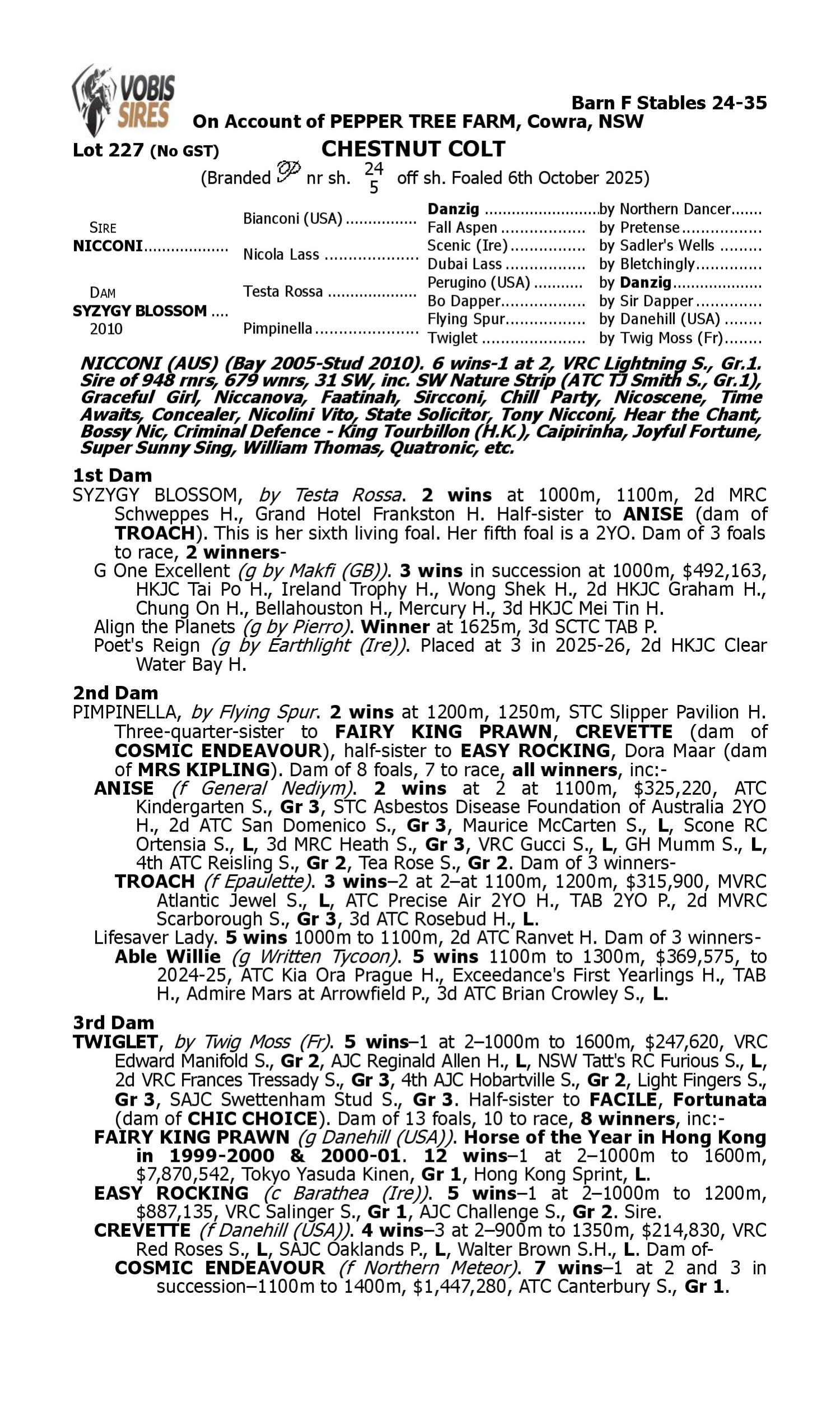 Pedigree for Lot 227 Nicconi - Syzygy Blossom