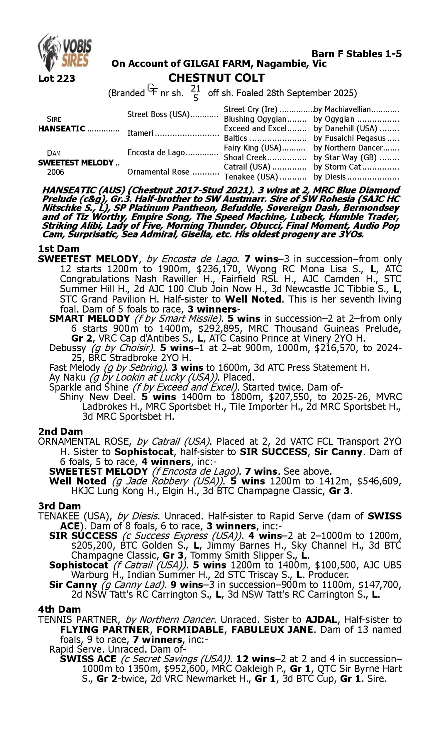 Pedigree for Lot 223 Hanseatic - Sweetest Melody