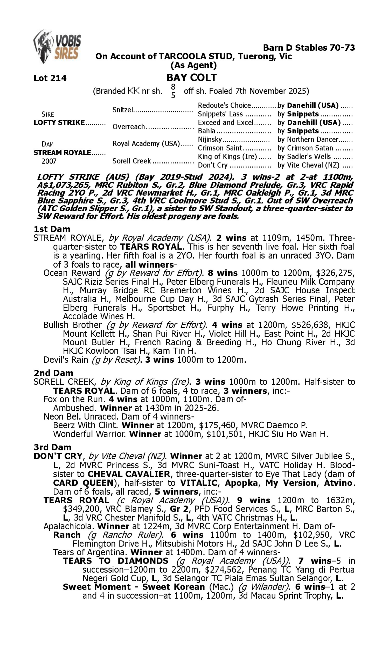 Pedigree for Lot 214 Lofty Strike - Stream Royale