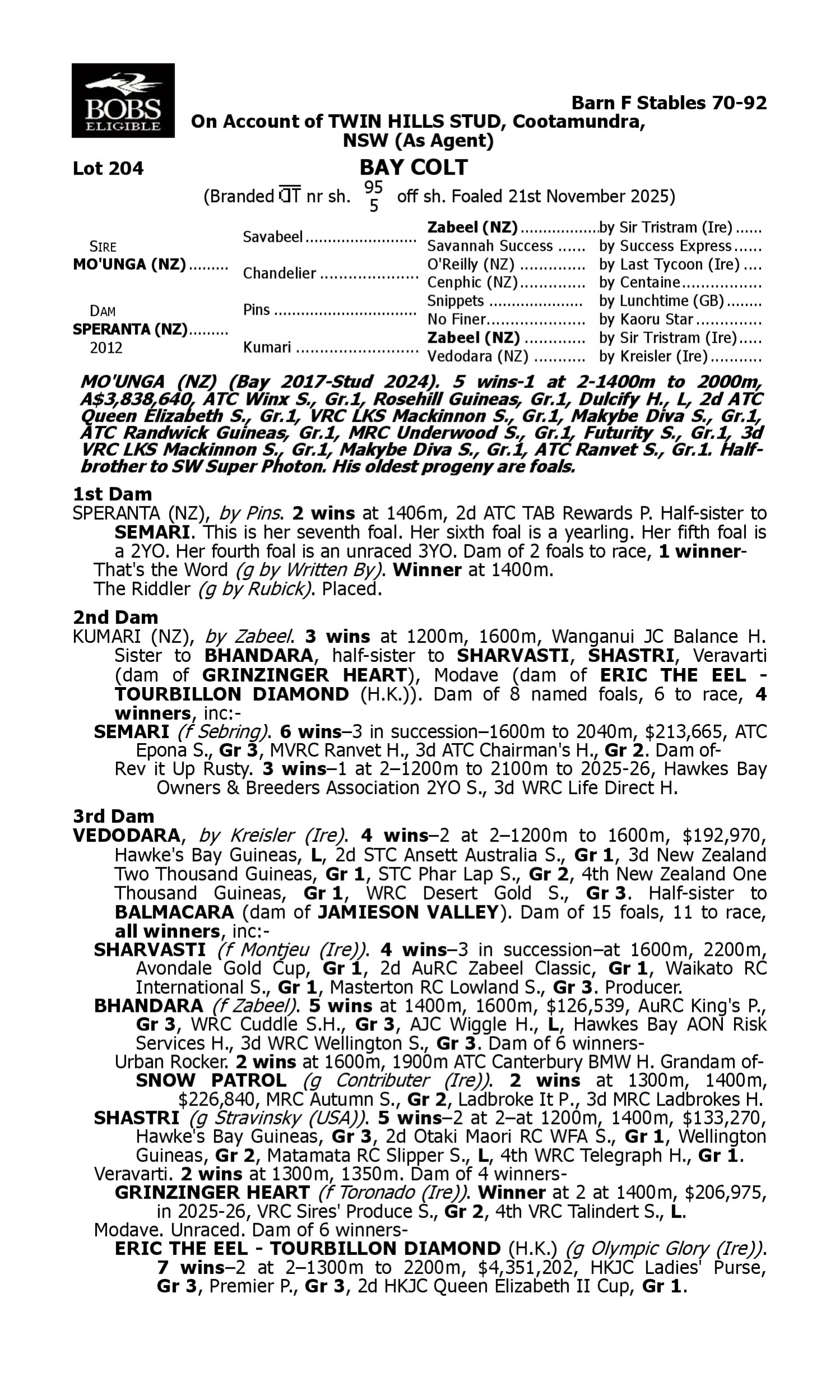 Pedigree for Lot 204 Mo'unga (NZ) - Speranta (NZ)