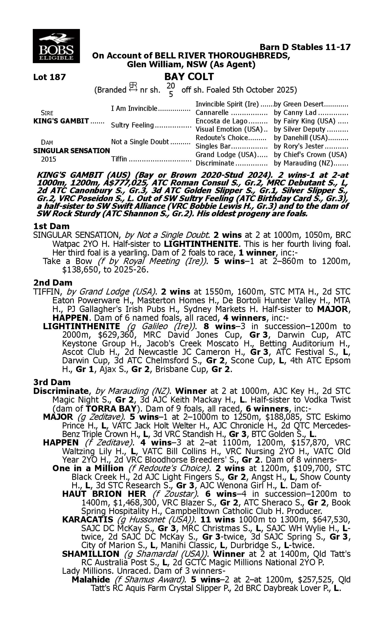 Pedigree for Lot 187 King's Gambit - Singular Sensation