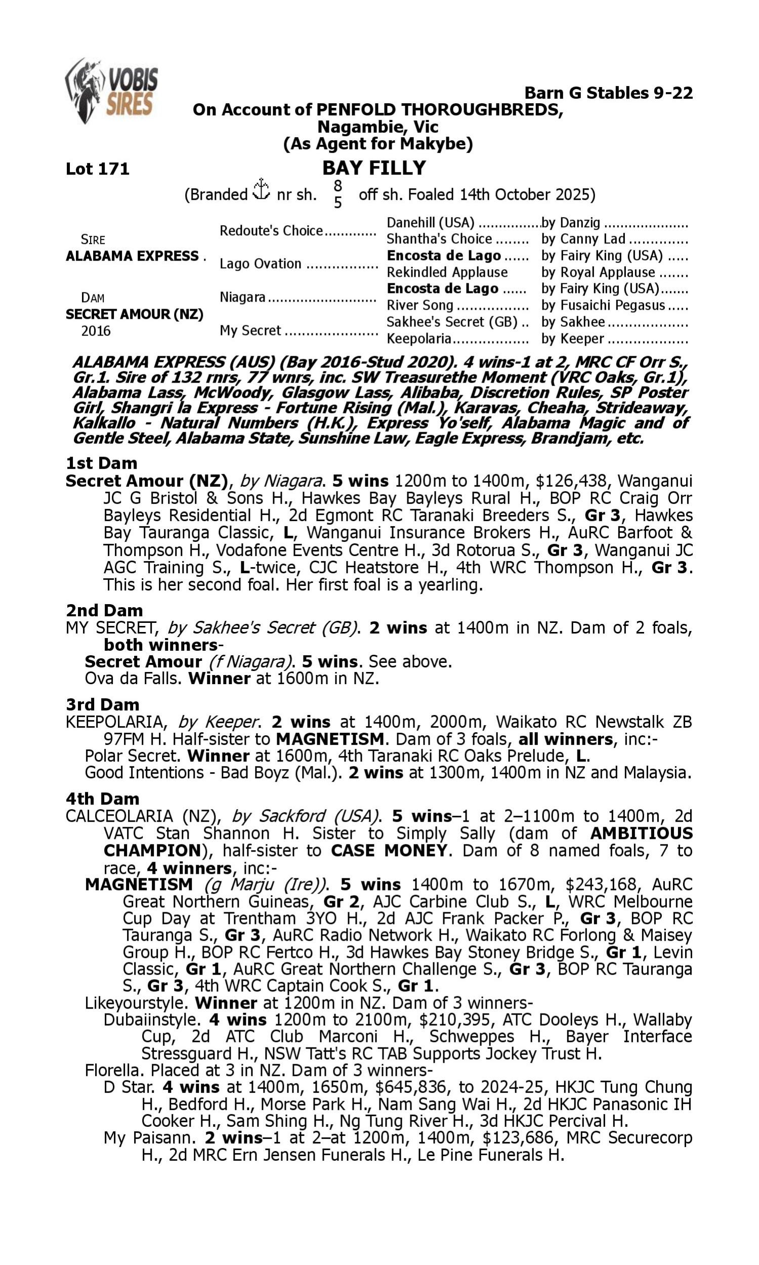 Pedigree for Lot 171 Alabama Express - Secret Amour (NZ)