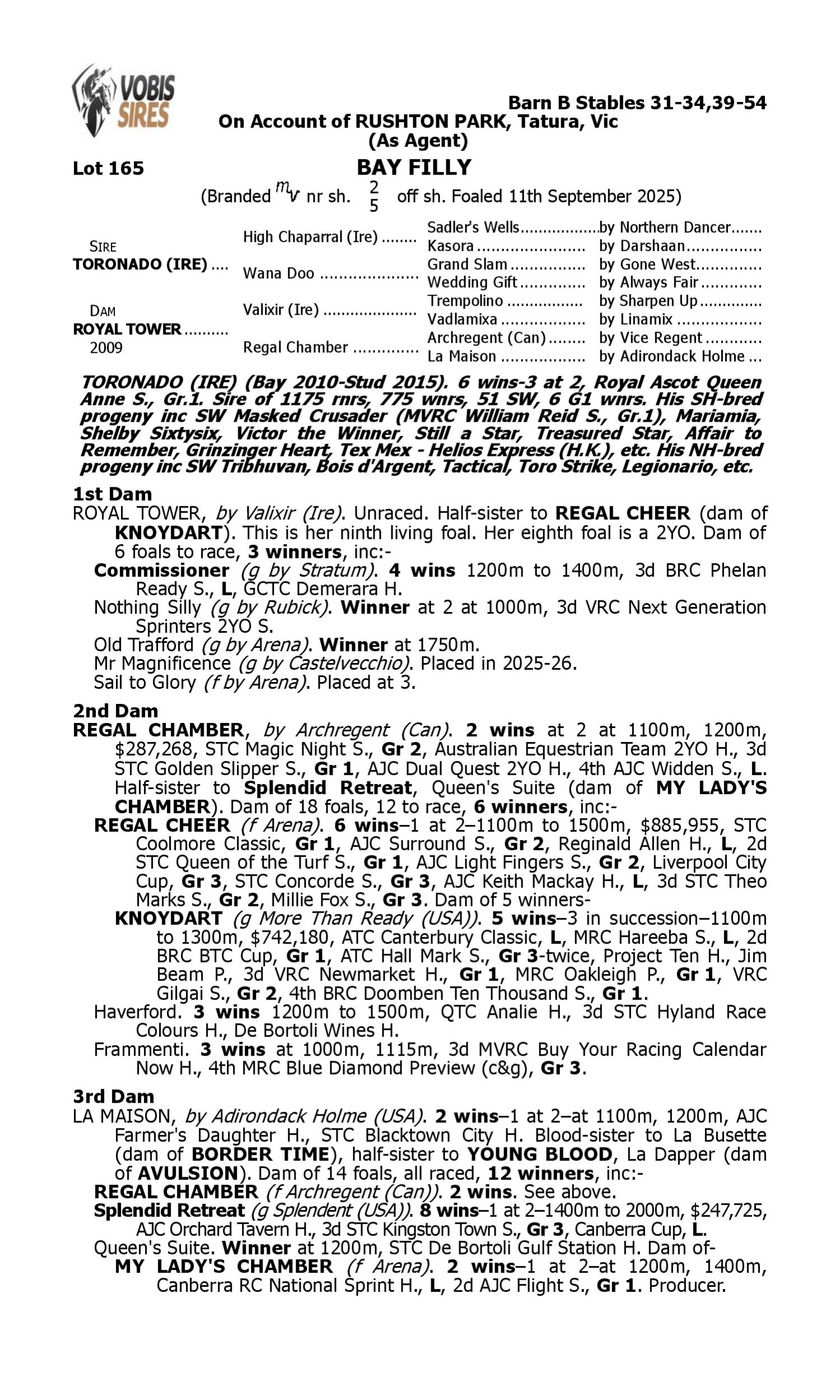 Pedigree for Lot 165 Toronado (IRE) - Royal Tower