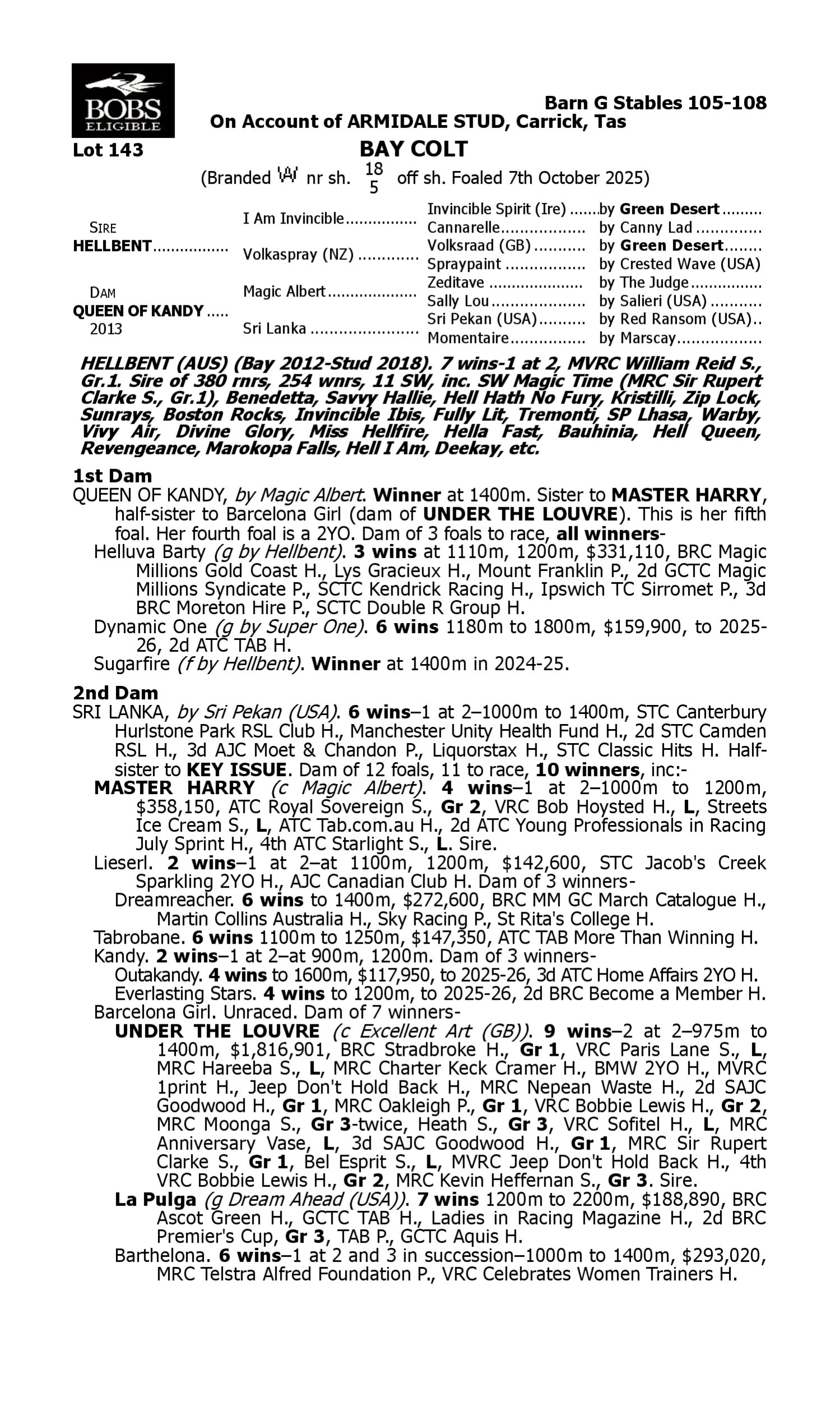 Pedigree for Lot 143 Hellbent - Queen of Kandy
