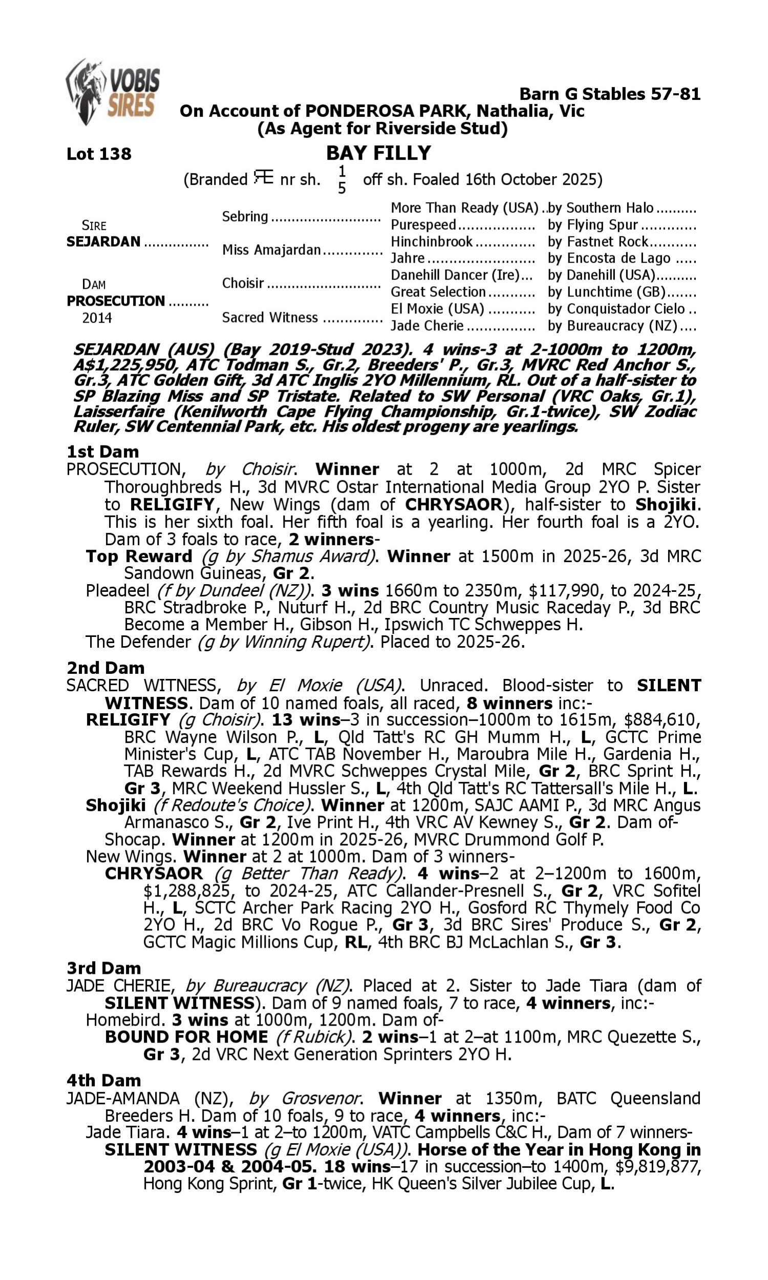 Pedigree for Lot 138 Sejardan - Prosecution