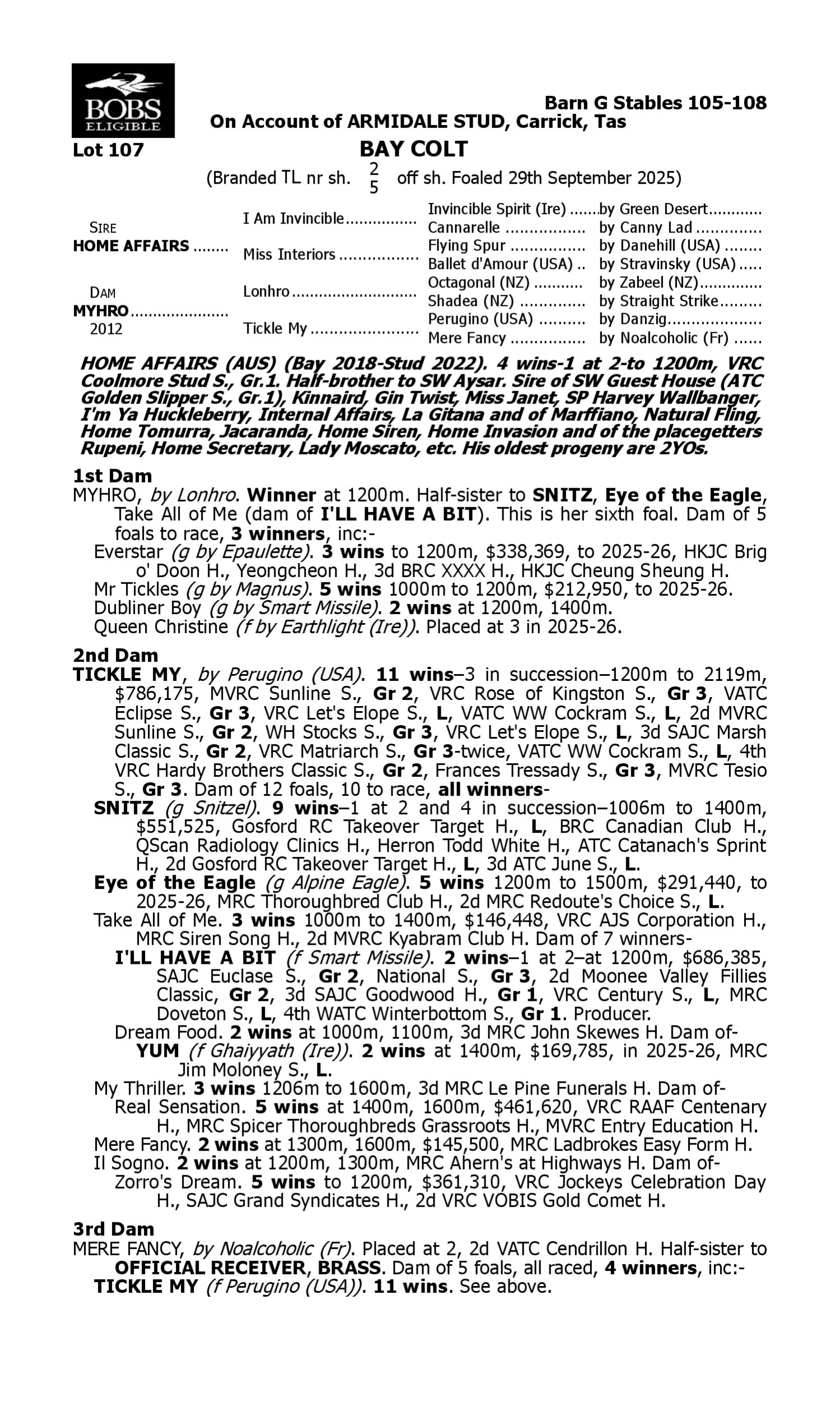 Pedigree for Lot 107 Home Affairs - Myhro