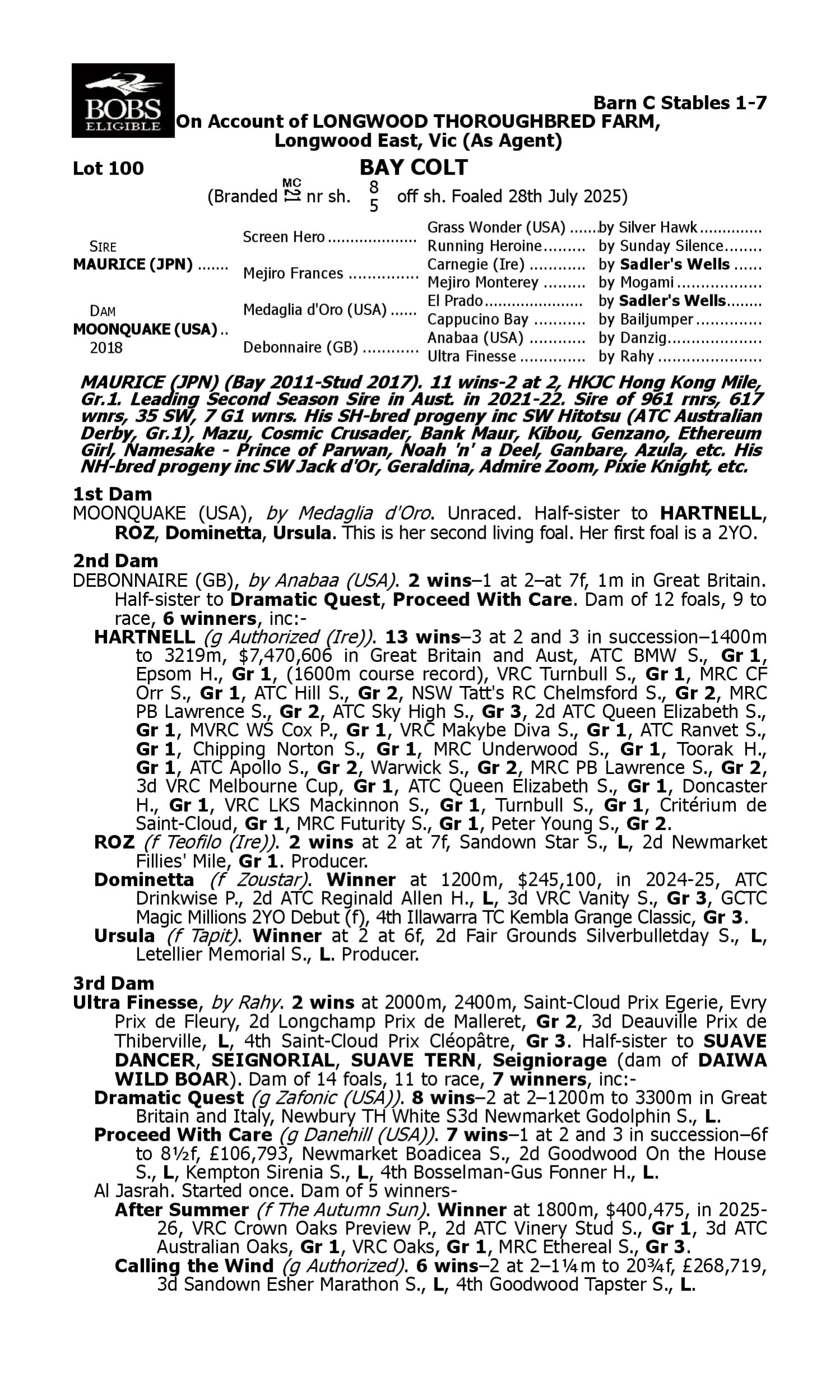 Pedigree for Lot 100 Maurice (JPN) - Moonquake (USA)