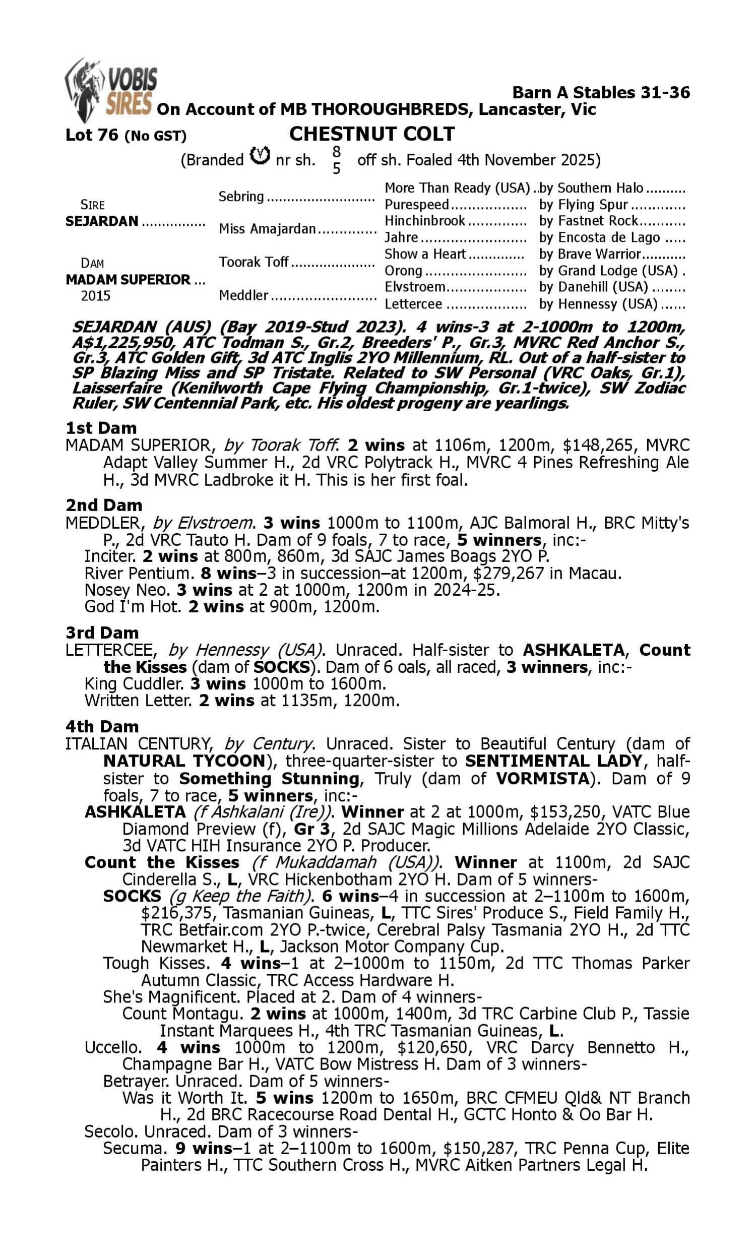 Pedigree for Lot 76 Sejardan - Madam Superior