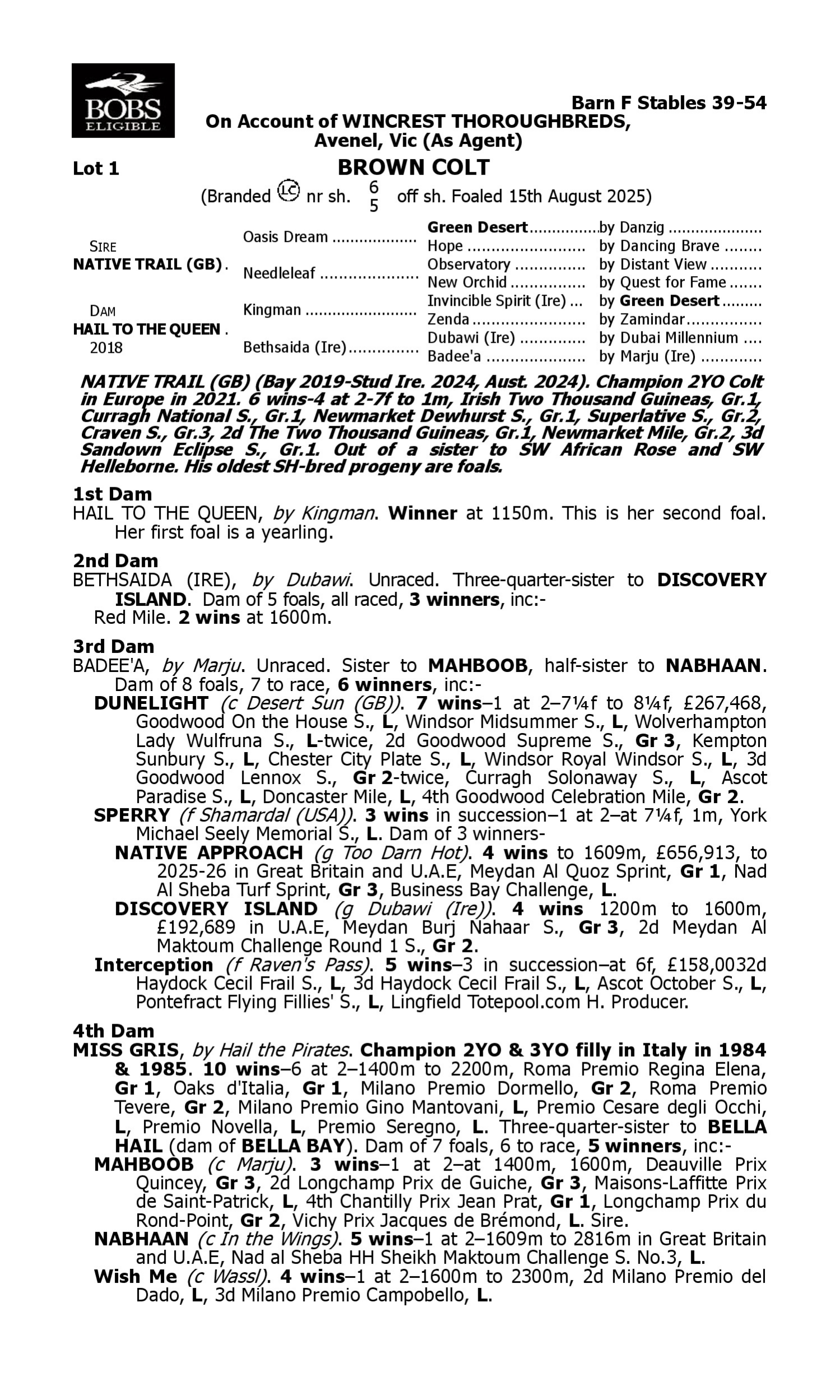 Pedigree for Lot 1 Native Trail (GB) - Hail to the Queen